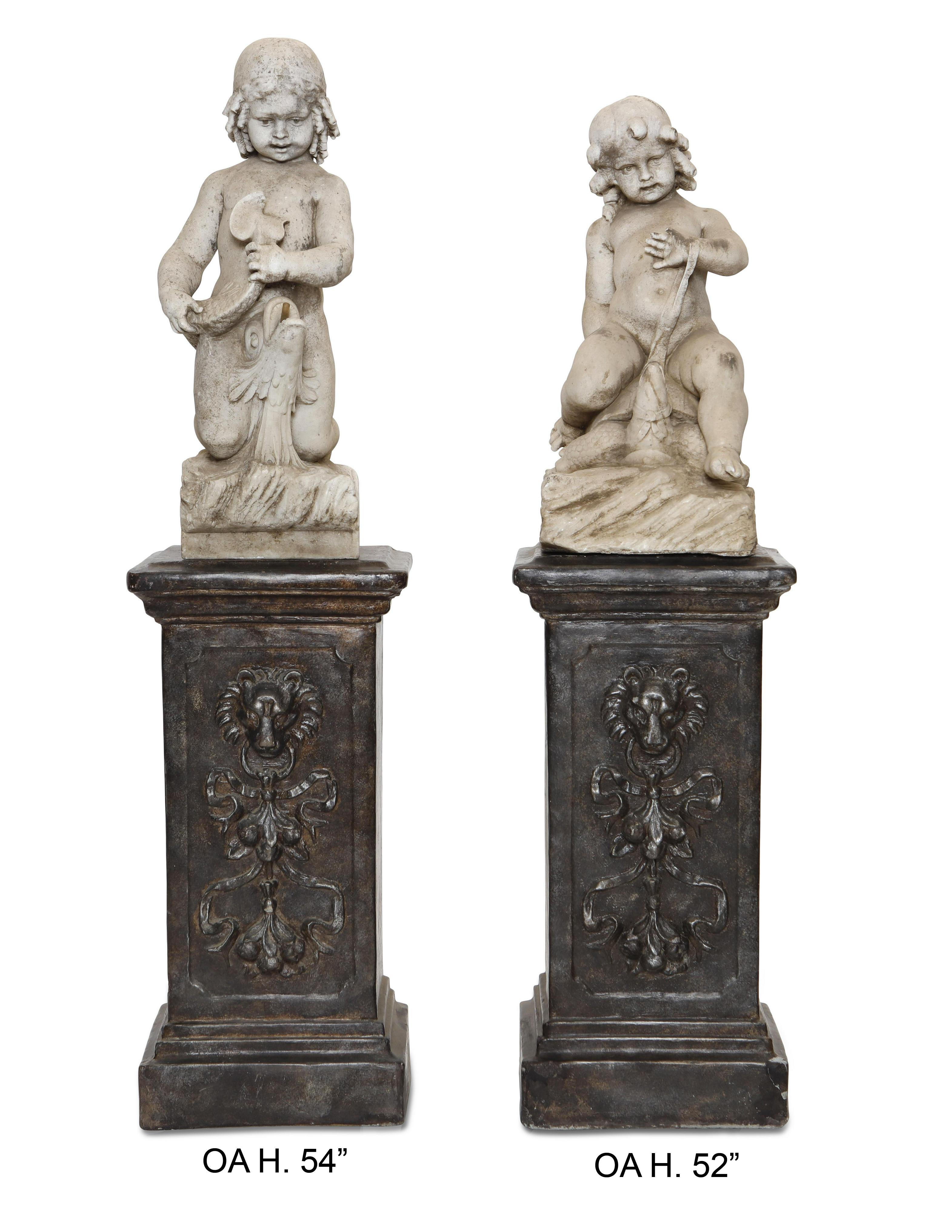 Two Italian Carved Marble Fountains with Two Seated Boys, 18th Century 10