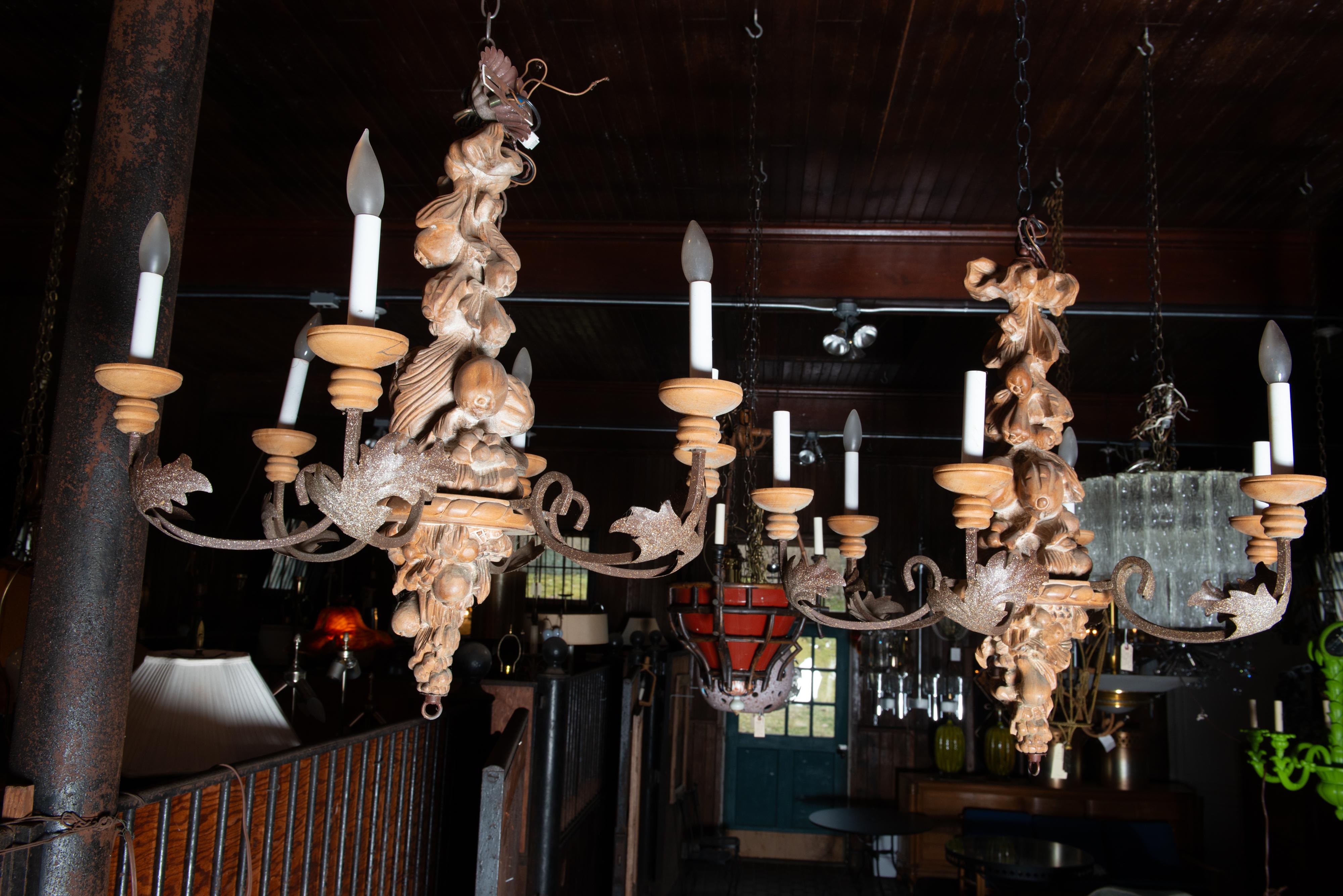 Two Italian Carved Wood and Wrought Iron Chandeliers For Sale 14