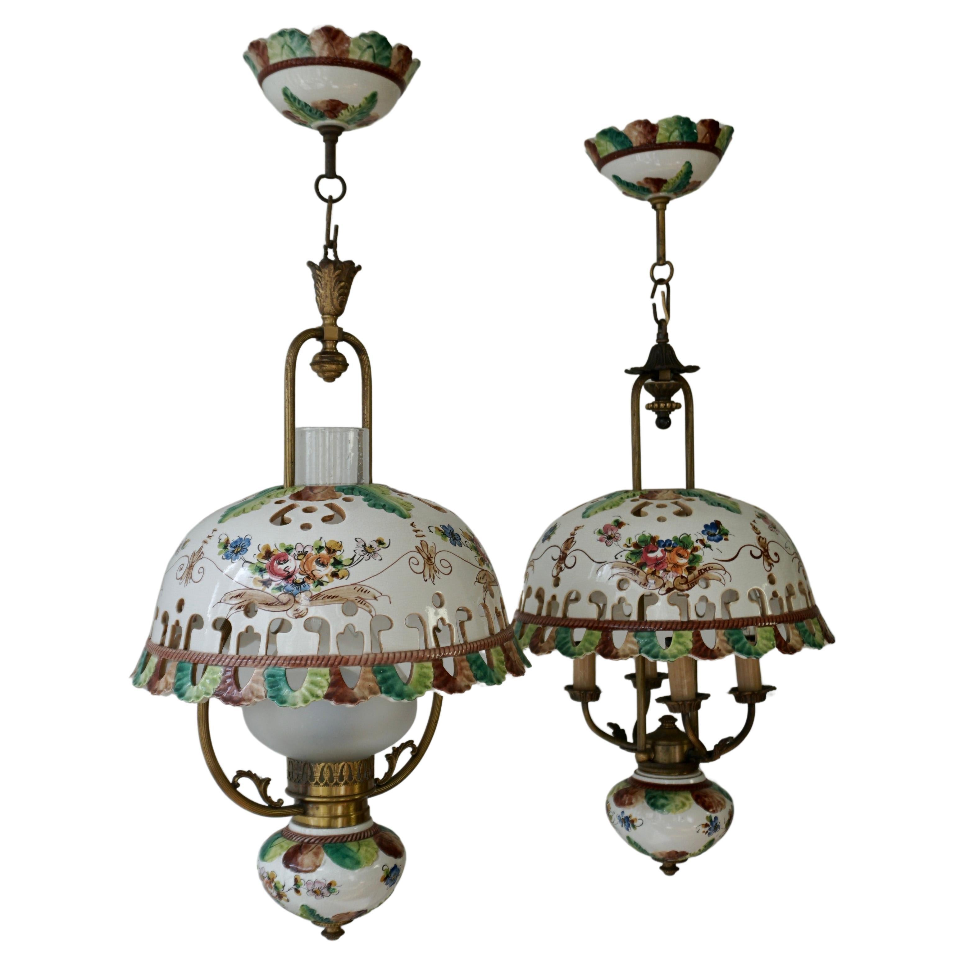 Two Italian ceramic pendant lights painted with flowers.

Diameter 14
