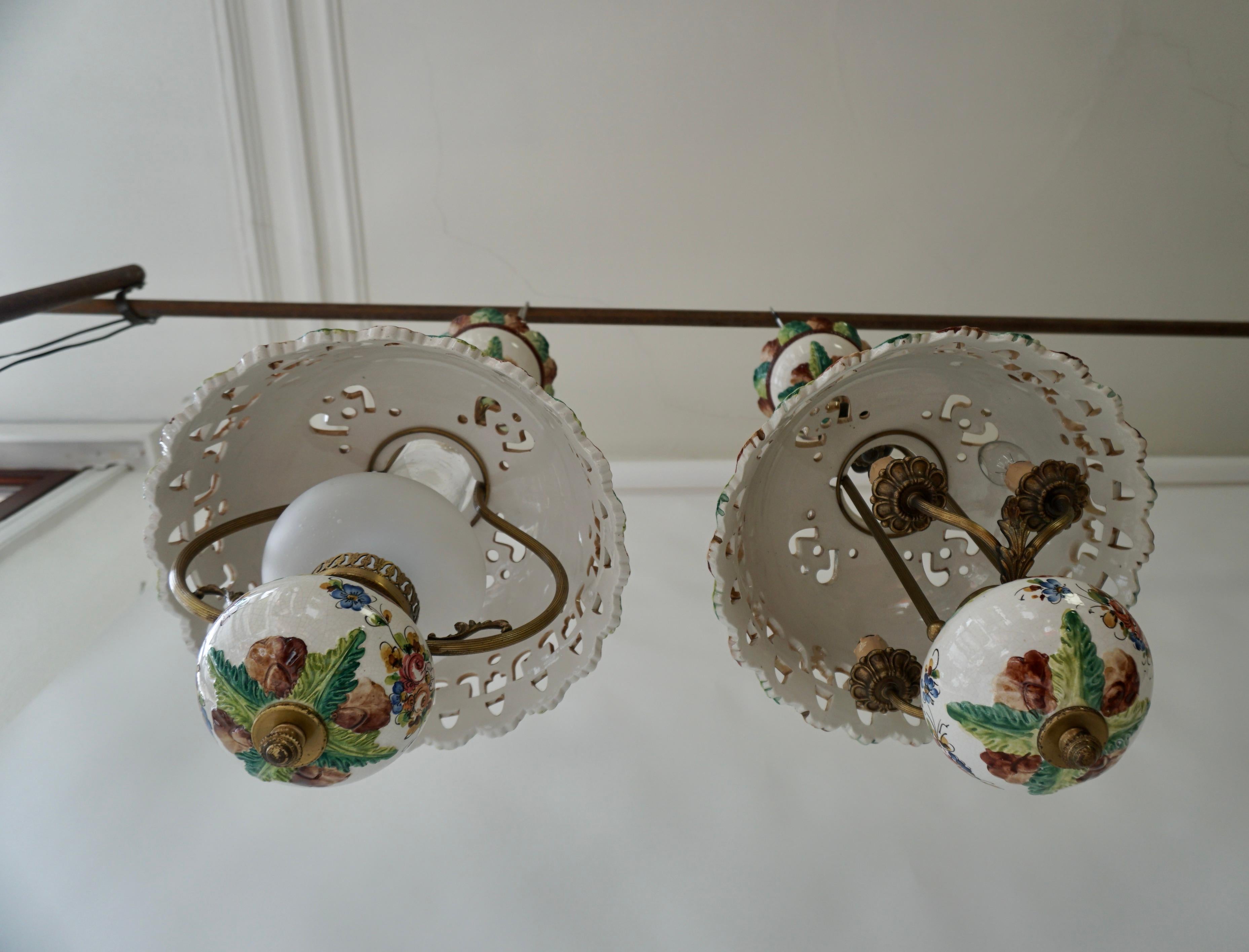 Brass Two Italian Ceramic Flower Ceiling Lights For Sale