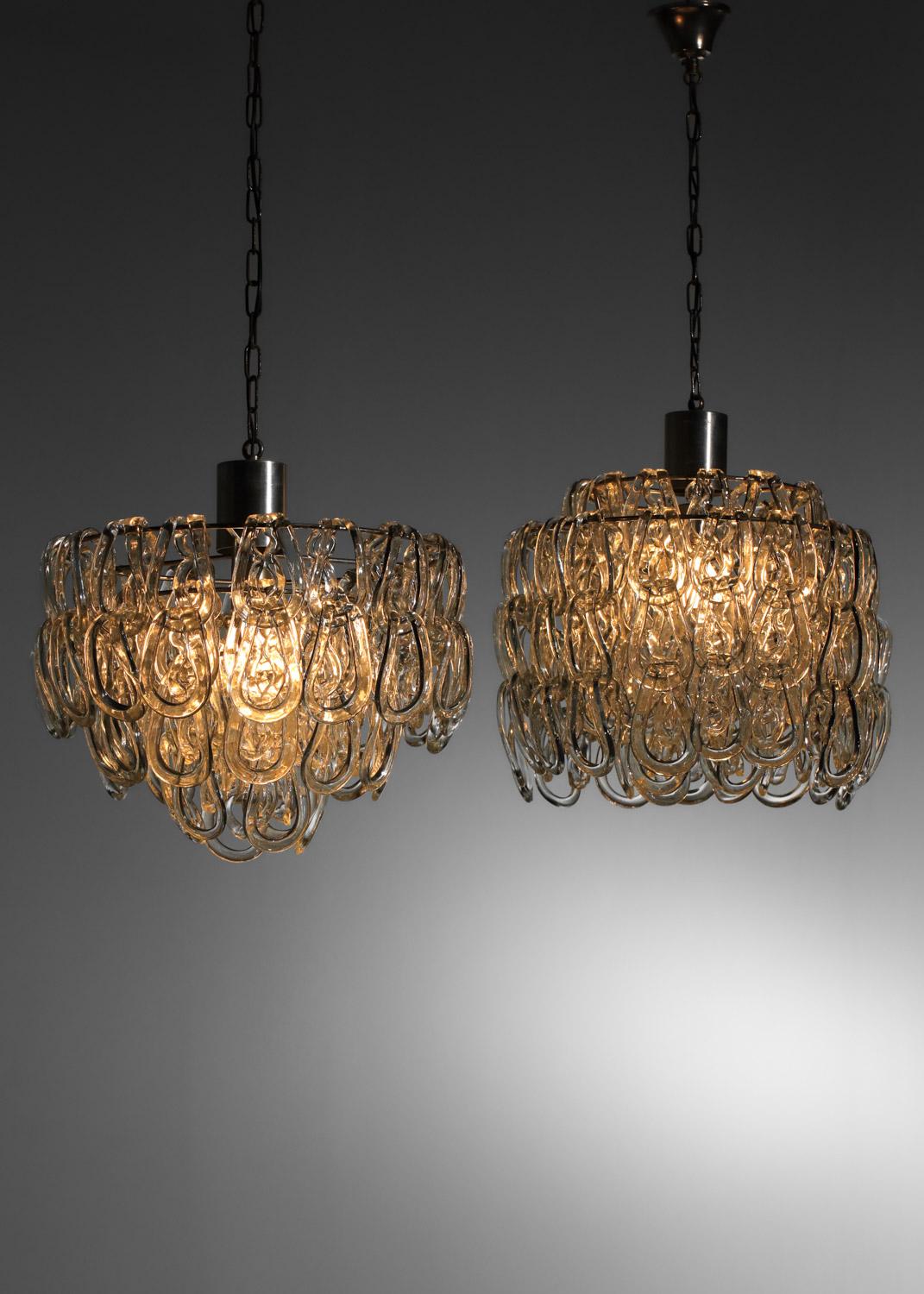 Metallo due lampadari italiani in vetro di Murano di Angelo Mangiarotti in vendita