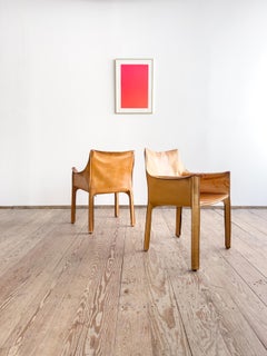 Two Italian Cognac Leather Lounge Chairs 413 - Bellini Design for Cassina, 1970s