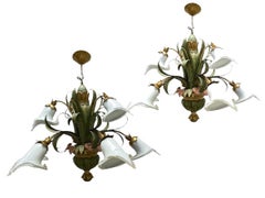 Two Florentine Baroque Style Polychrome Wood Two-Tier 9 Light Chandelier by Eglo
