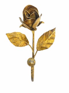 Two Italian Florentine Gold Gilt Metal Rose Coat Hook Toleware Tole, 1950s