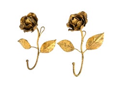 Two Italian Florentine Gold Gilt Metal Rose Coat Hook Toleware Tole, 1950s