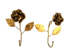 Two Italian Florentine Gold Gilt Metal Rose Coat Hook Toleware Tole, 1950s