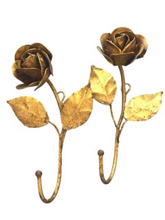 Two Italian Florentine Gold Gilt Metal Rose Coat Hook Toleware Tole, 1950s
