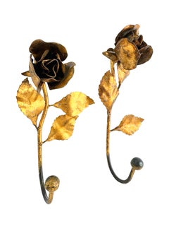 Two Italian Florentine Gold Gilt Metal Rose Coat Hook Toleware Tole, 1950s