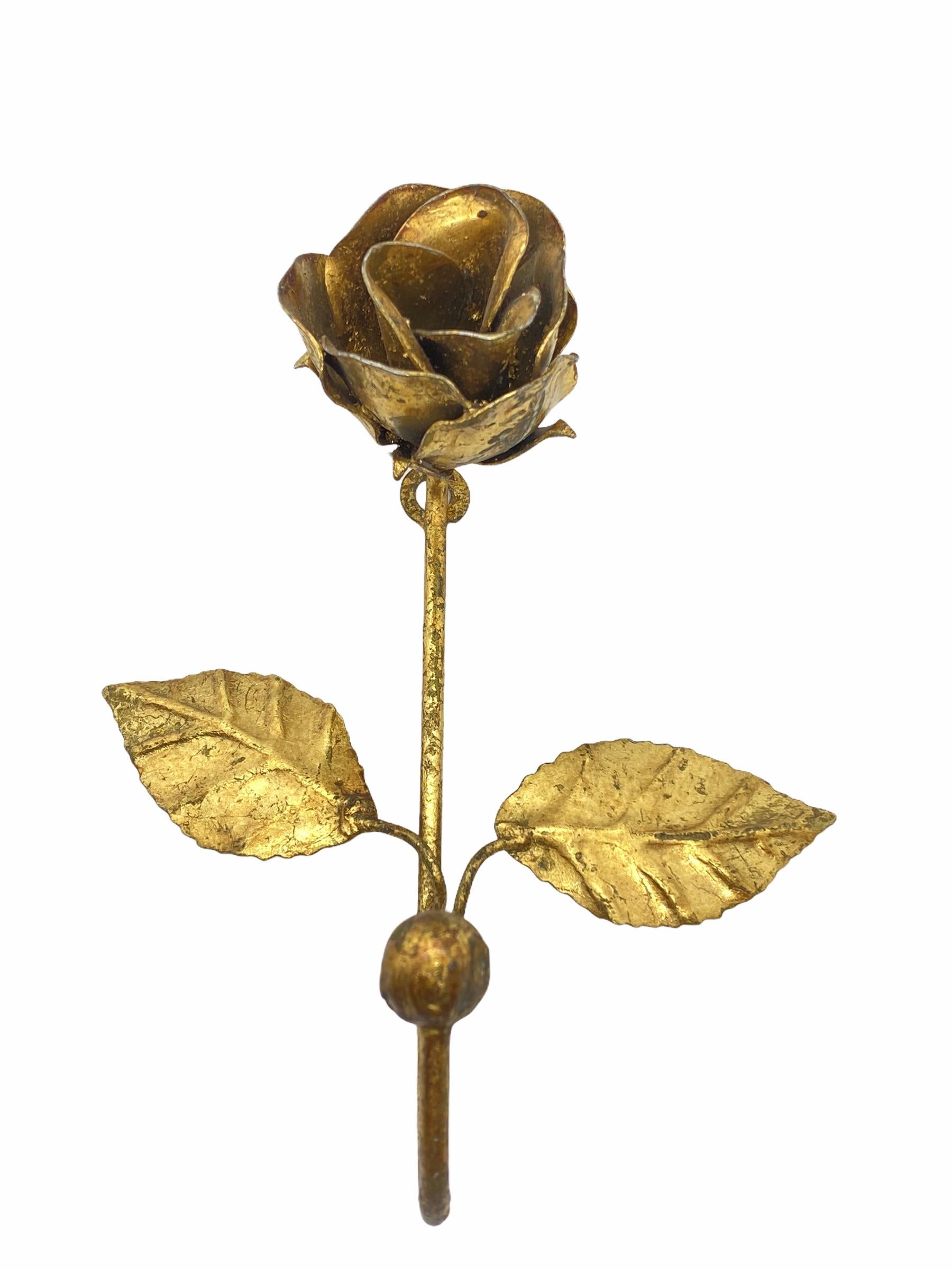 Two Italian Florentine Gold Gilt Metal Rose Coat Hook Toleware Tole, 1950s 1