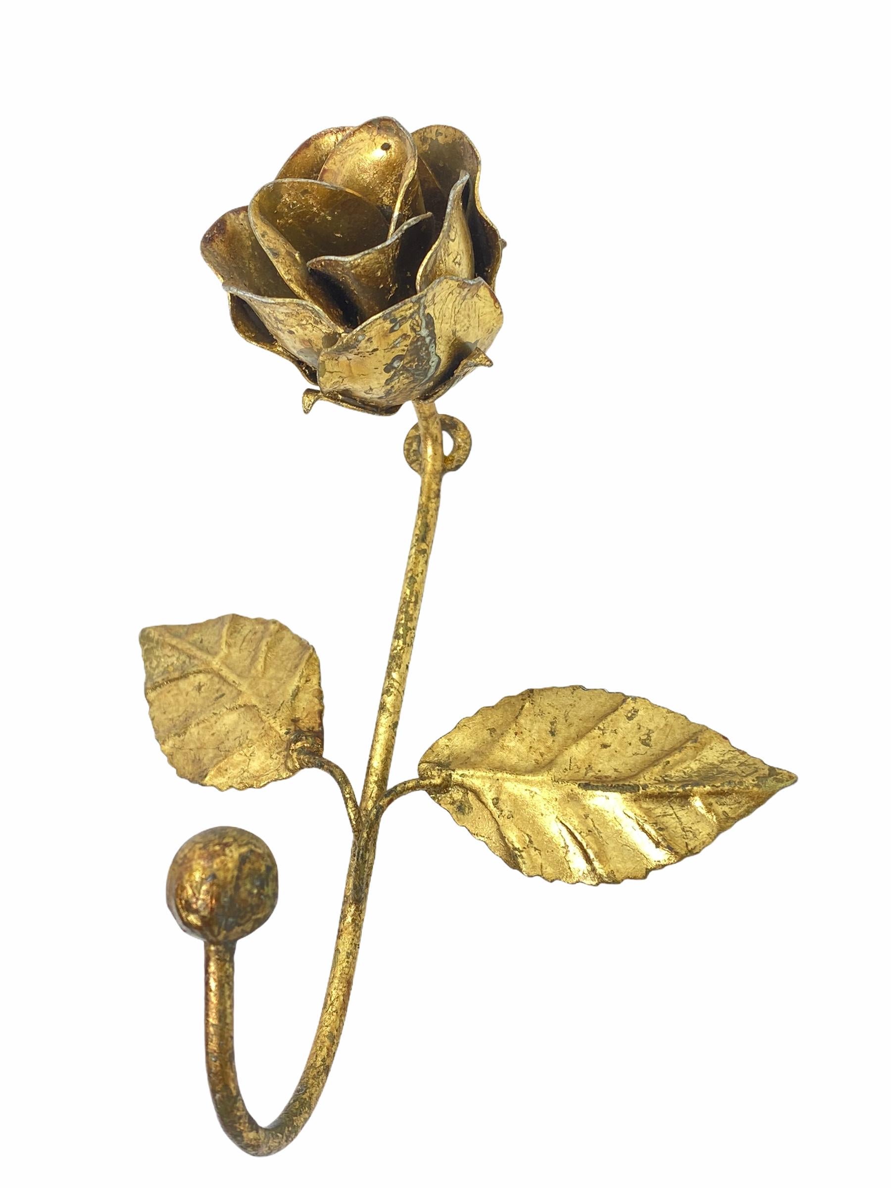 Two Italian Florentine Gold Gilt Metal Rose Coat Hook Toleware Tole, 1950s 2
