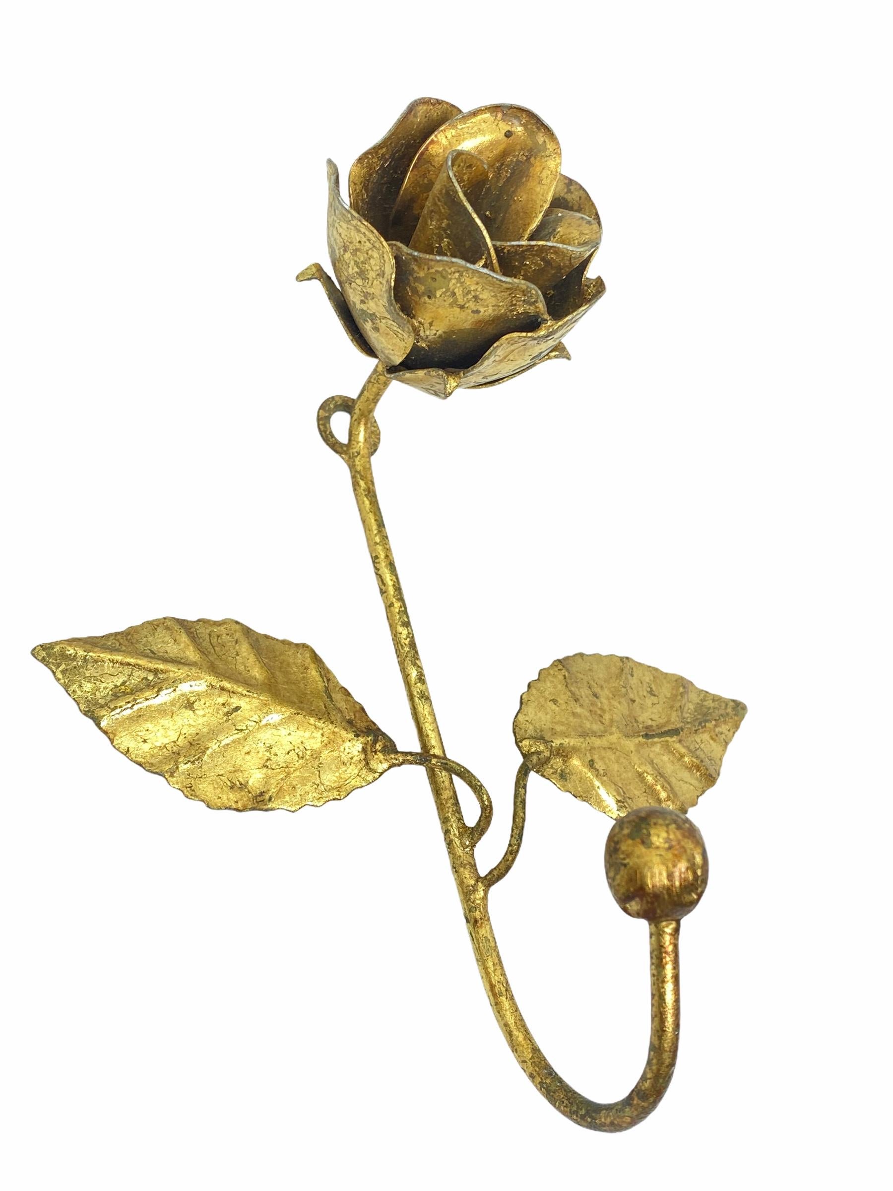 Two Italian Florentine Gold Gilt Metal Rose Coat Hook Toleware Tole, 1950s 3