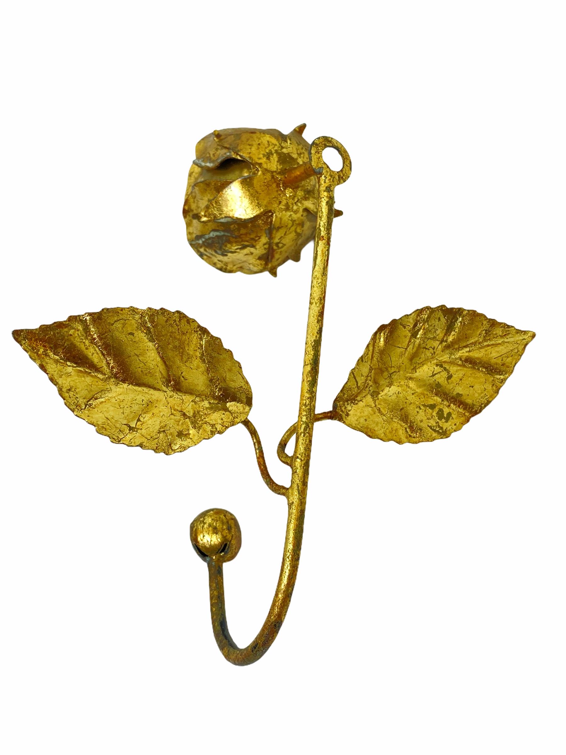 Two Italian Florentine Gold Gilt Metal Rose Coat Hook Toleware Tole, 1950s 4