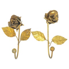 Two Italian Florentine Gold Gilt Metal Rose Coat Hook Toleware Tole, 1950s