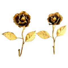 Two Italian Florentine Gold Gilt Metal Rose Coat Hook Toleware Tole, 1950s
