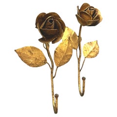 Two Italian Florentine Gold Gilt Metal Rose Coat Hook Toleware Tole, 1950s
