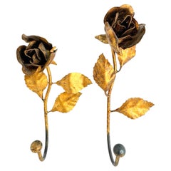 Two Italian Florentine Gold Gilt Metal Rose Coat Hook Toleware Tole, 1950s
