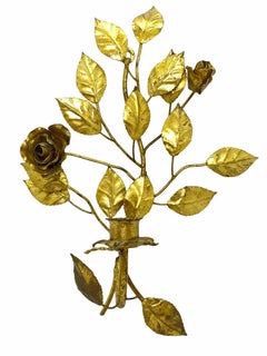 Two Italian Florentine Gold Gilt Metal Rose Sconces Candlestick Toleware Tole