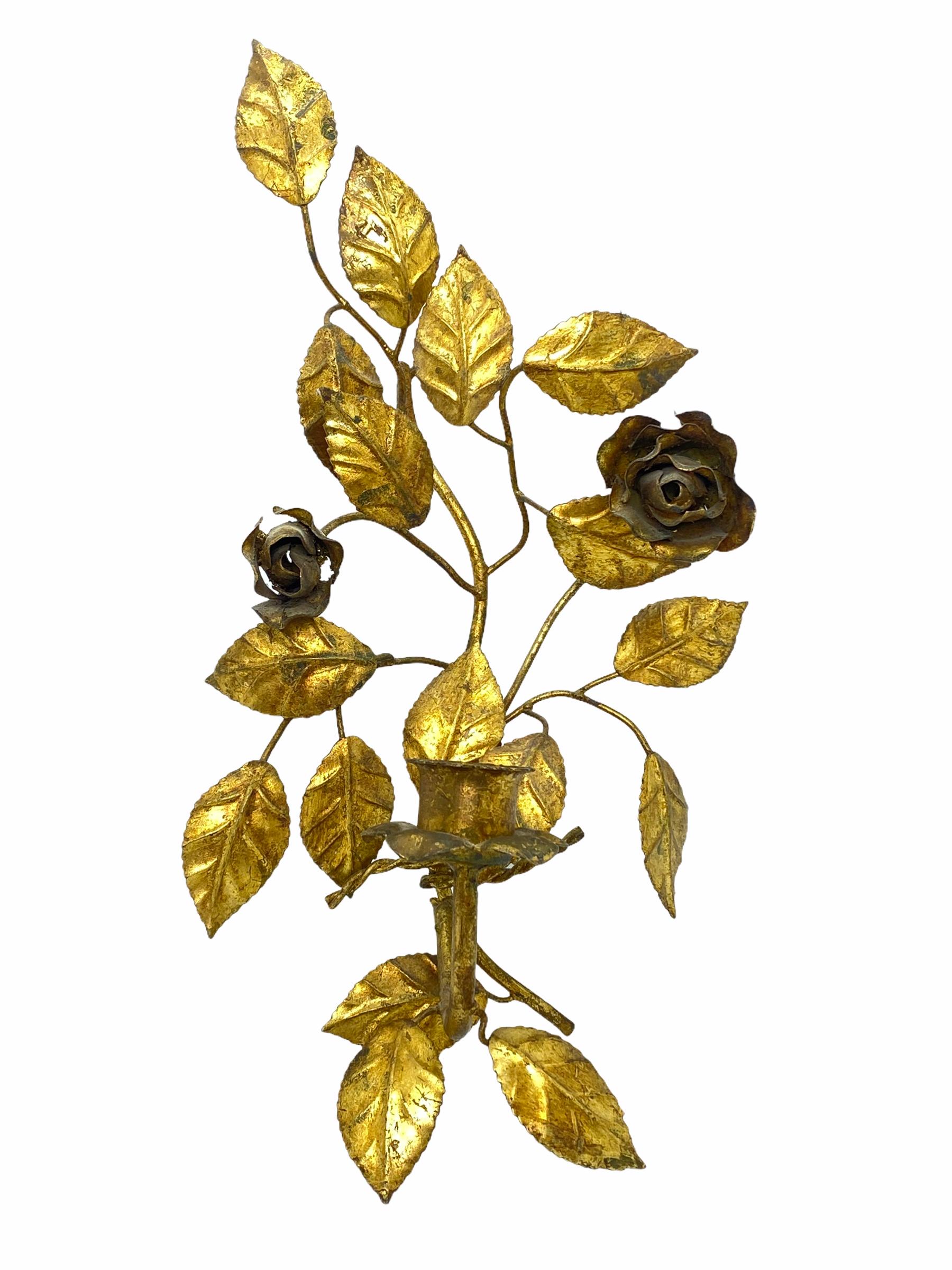 Hollywood Regency Two Italian Florentine Gold Gilt Metal Rose Sconces Candlestick Toleware Tole For Sale