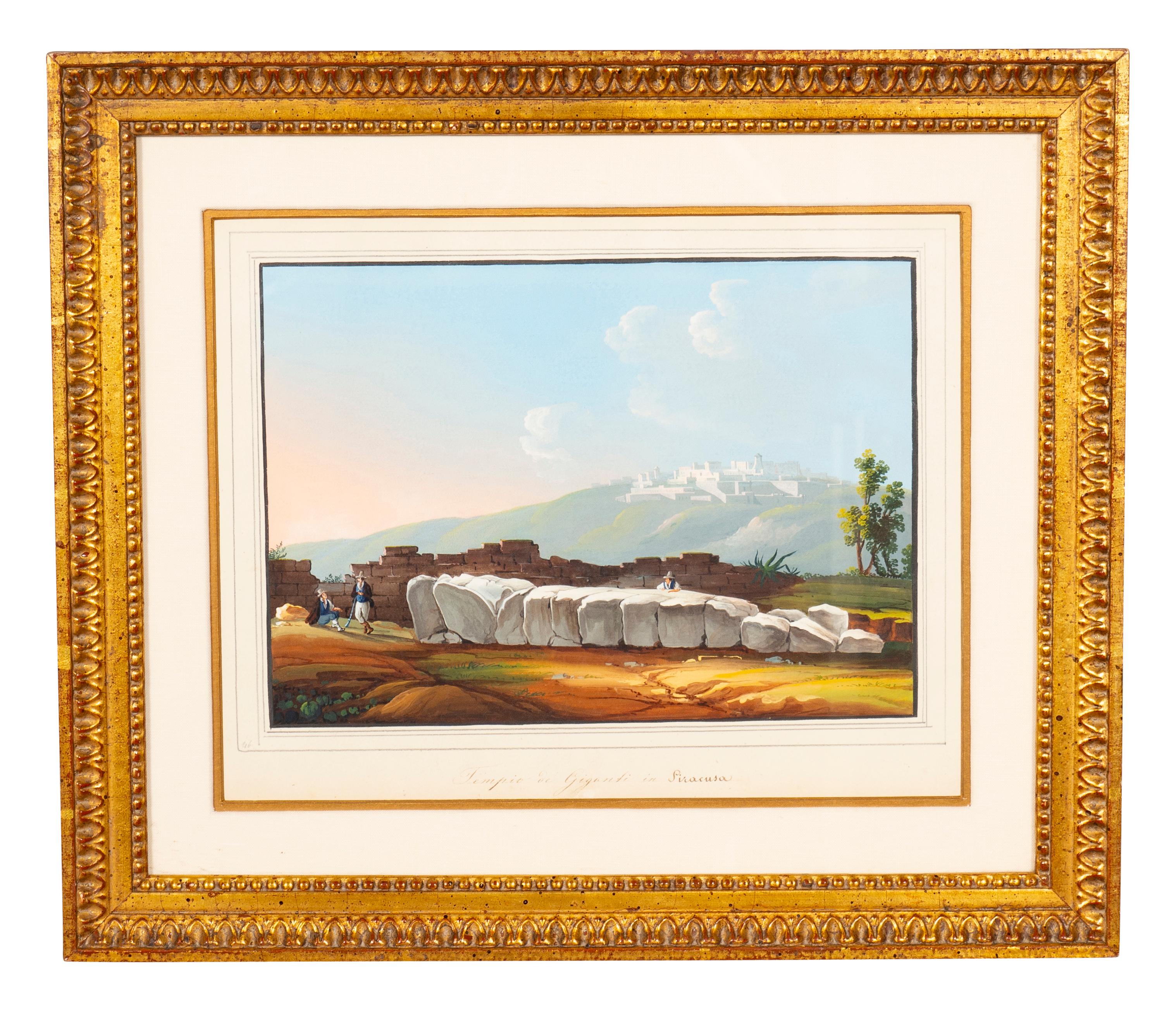 Hand-Painted Two Italian Grand Tour Gouaches of Ancient Temples For Sale