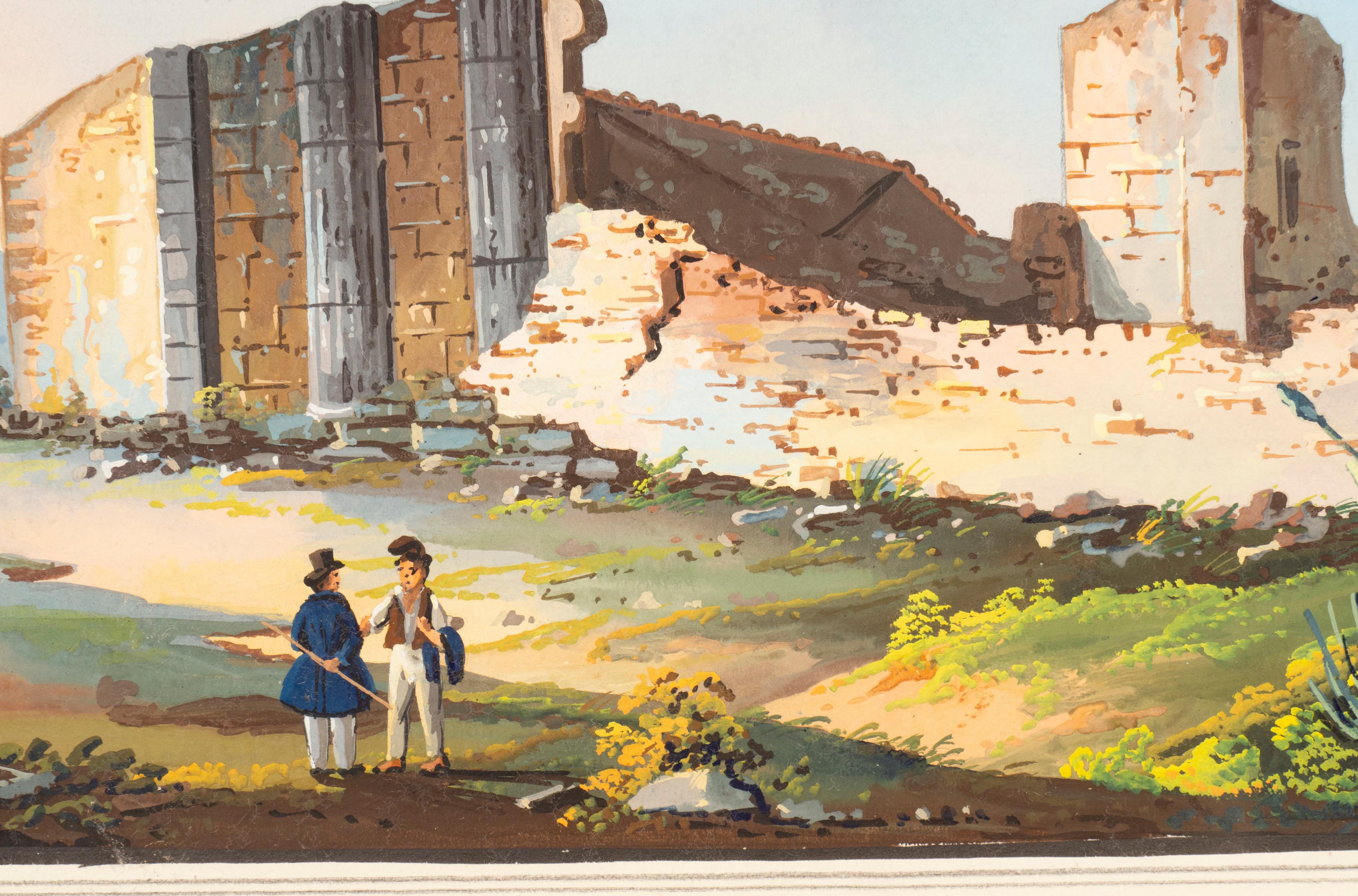 Paper Two Italian Grand Tour Gouaches of Ancient Temples For Sale