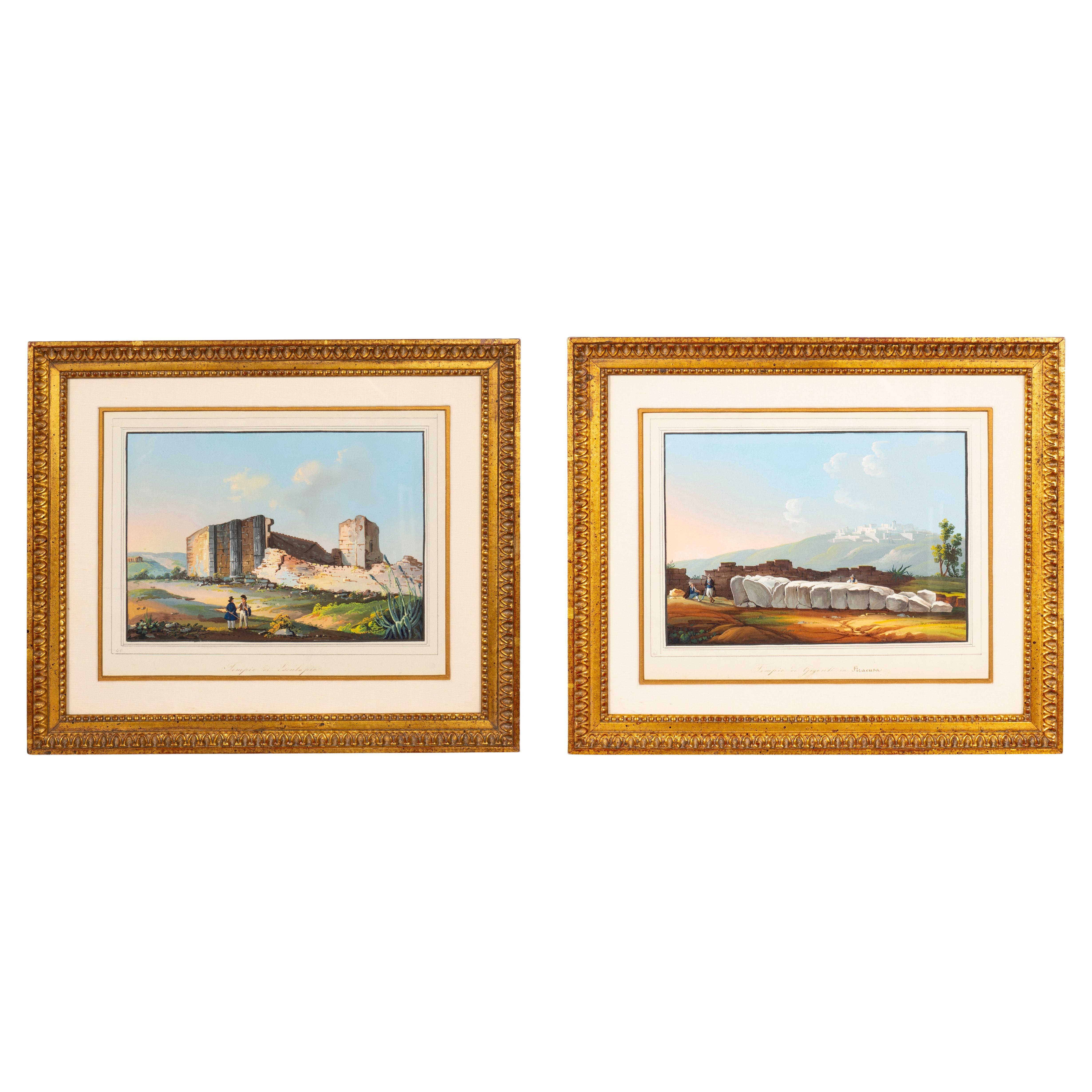 Two Italian Grand Tour Gouaches of Ancient Temples For Sale