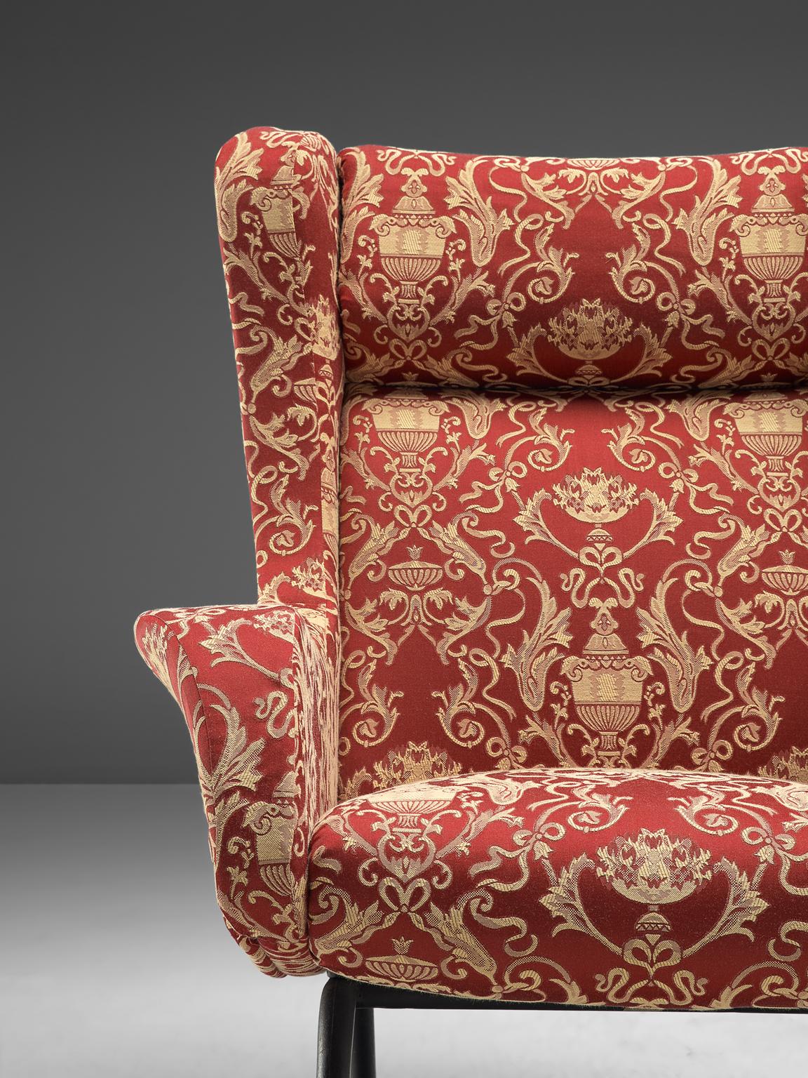 Mid-Century Modern Two Italian Lounge Chairs in Baroque Patterned Fabric