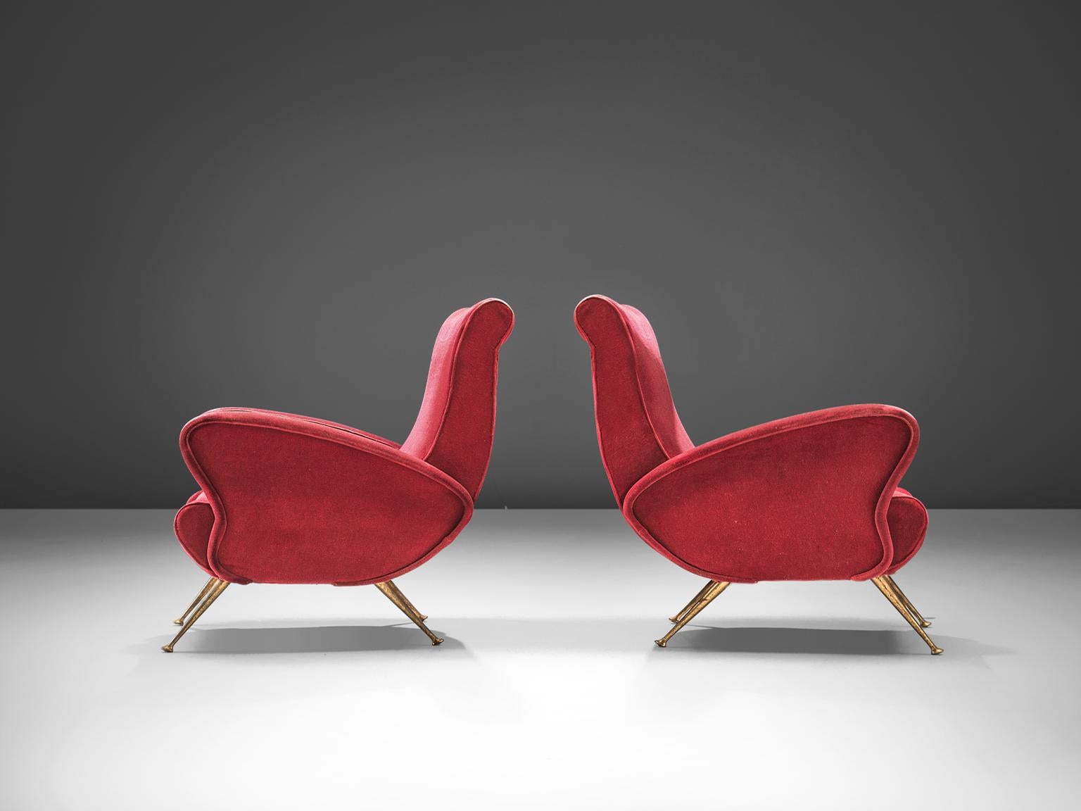Mid-Century Modern Two Italian Lounge Chairs in Red Velvet and Brass