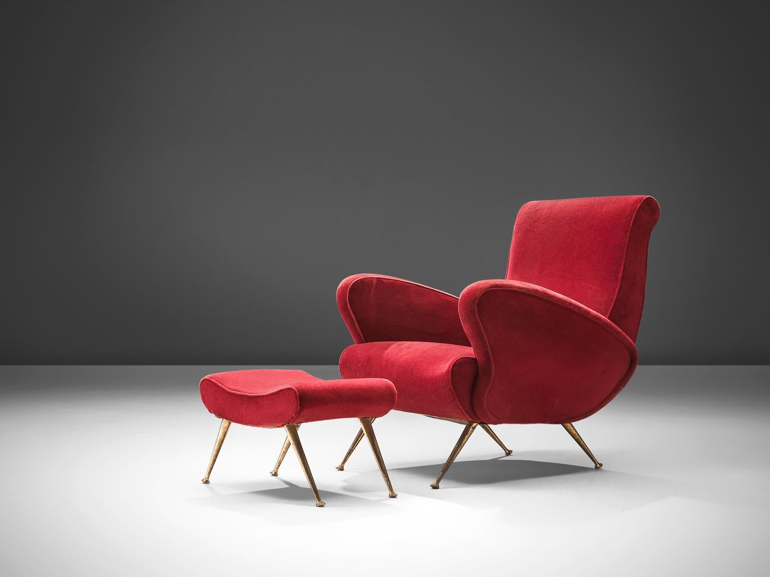 Mid-20th Century Two Italian Lounge Chairs in Red Velvet and Brass