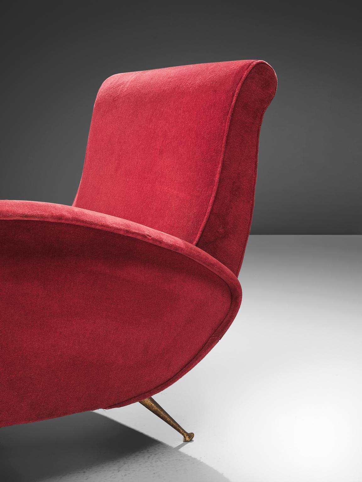 Two Italian Lounge Chairs in Red Velvet and Brass 1