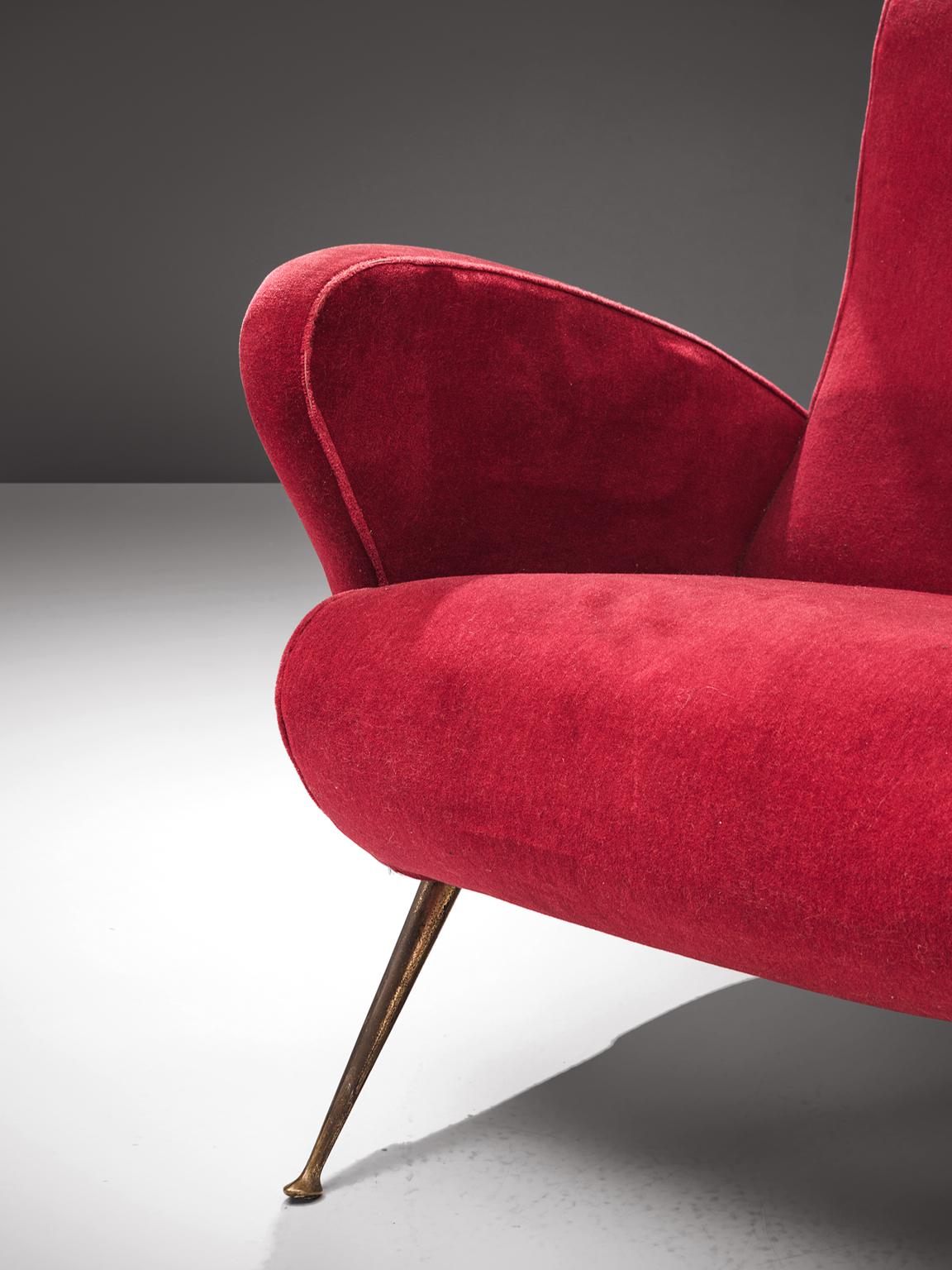 Two Italian Lounge Chairs in Red Velvet and Brass 2