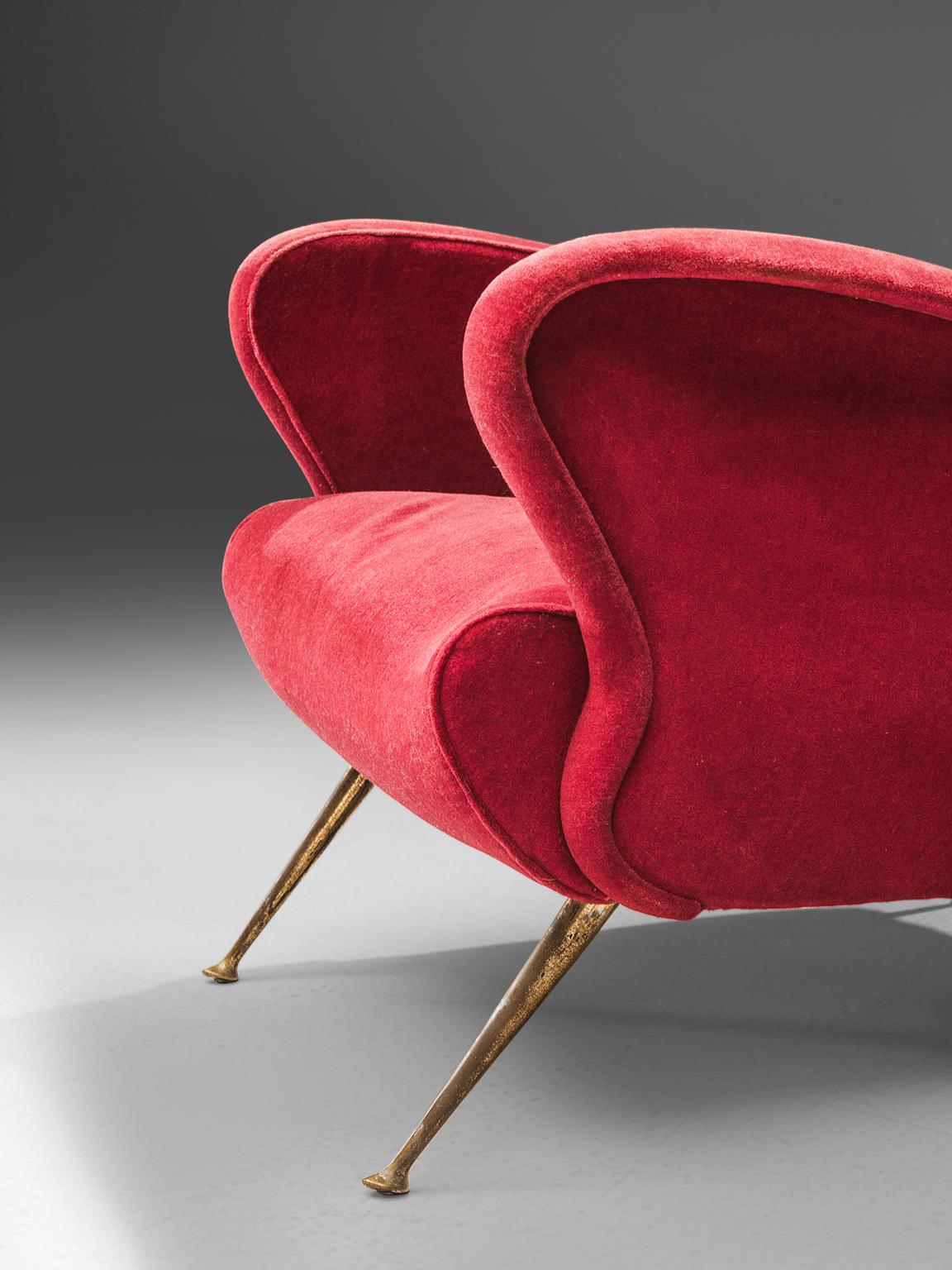Two Italian Lounge Chairs in Red Velvet and Brass 3