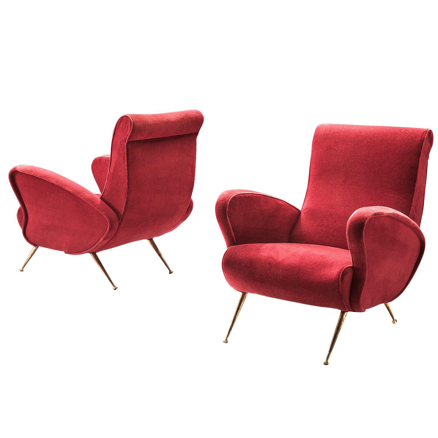 Two Italian Lounge Chairs in Red Velvet and Brass