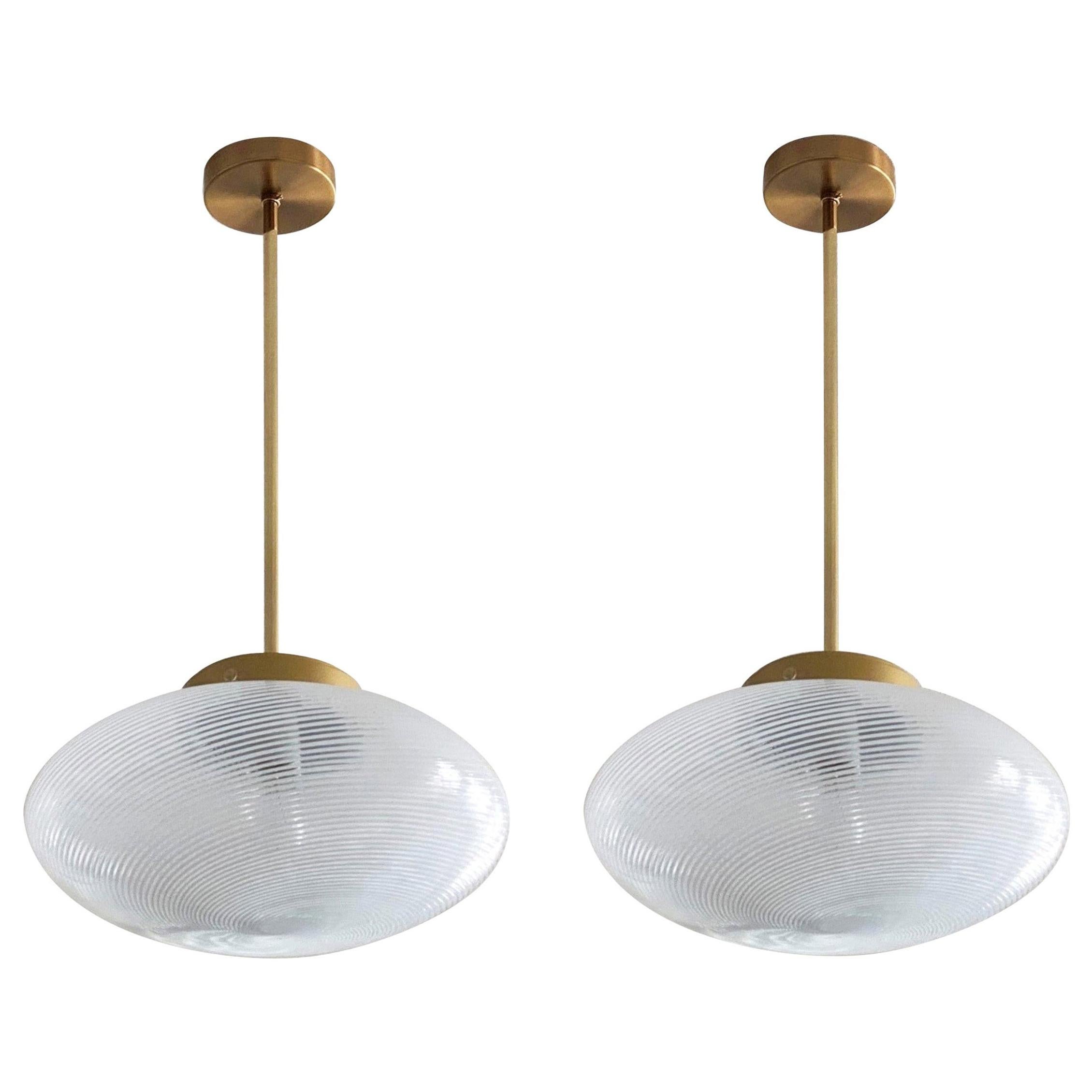 Two Italian Mid-Century Blown Murano Glass Pendants Venini Style, Flush Mounts