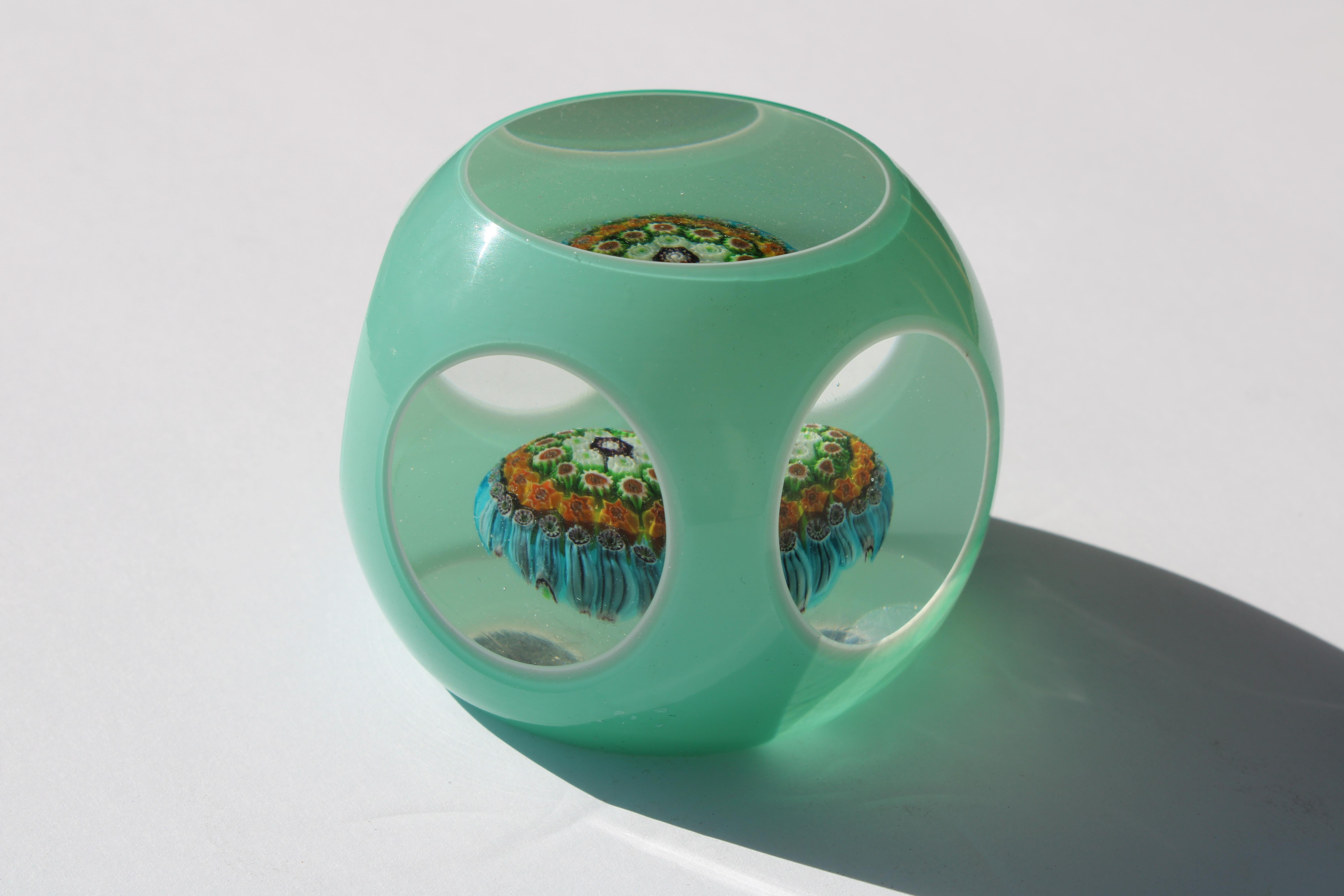 Modern Two Italian Millefiori Aqua Cased Glass Paperweights