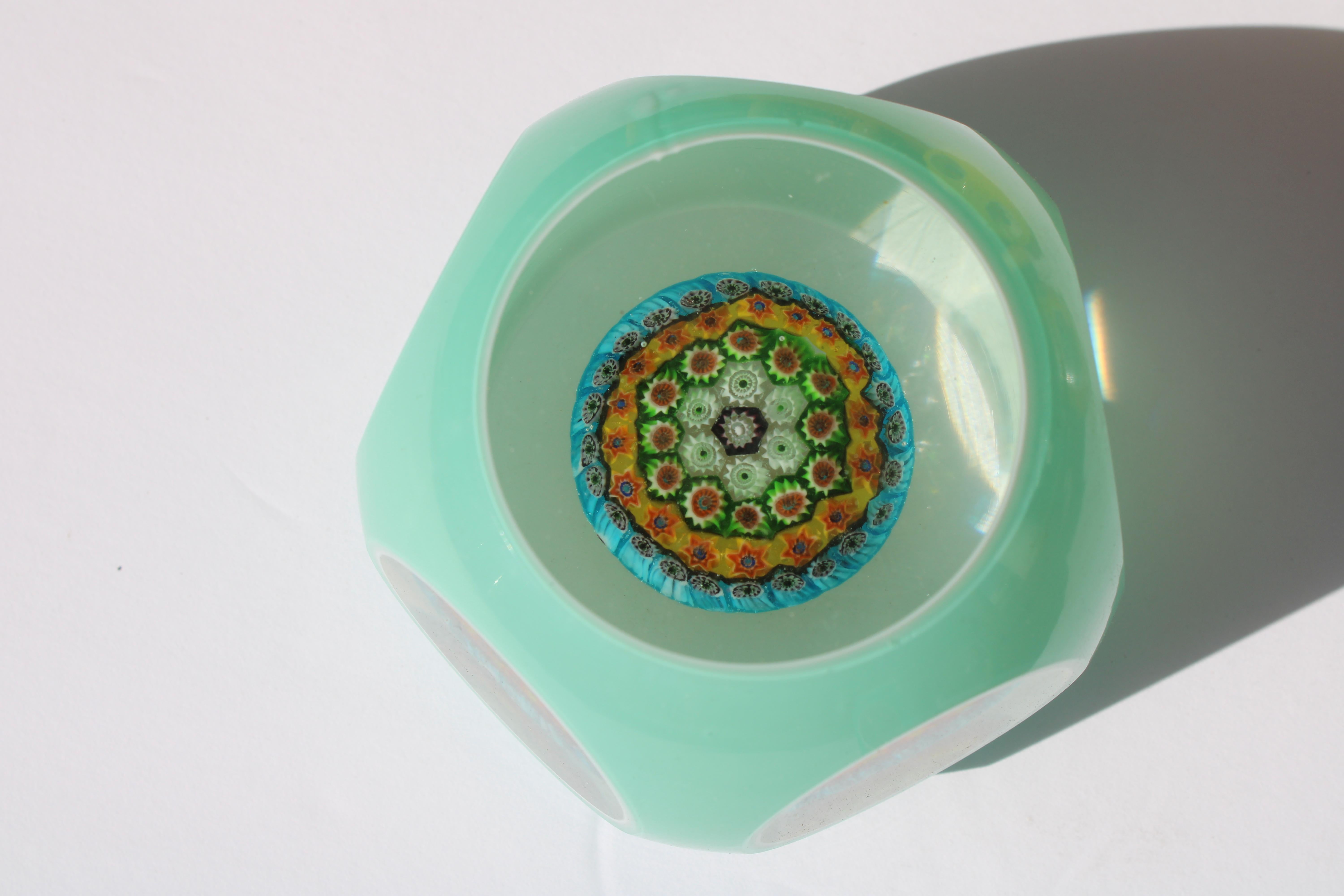 Two Italian Millefiori Aqua Cased Glass Paperweights In Good Condition In Palm Springs, CA