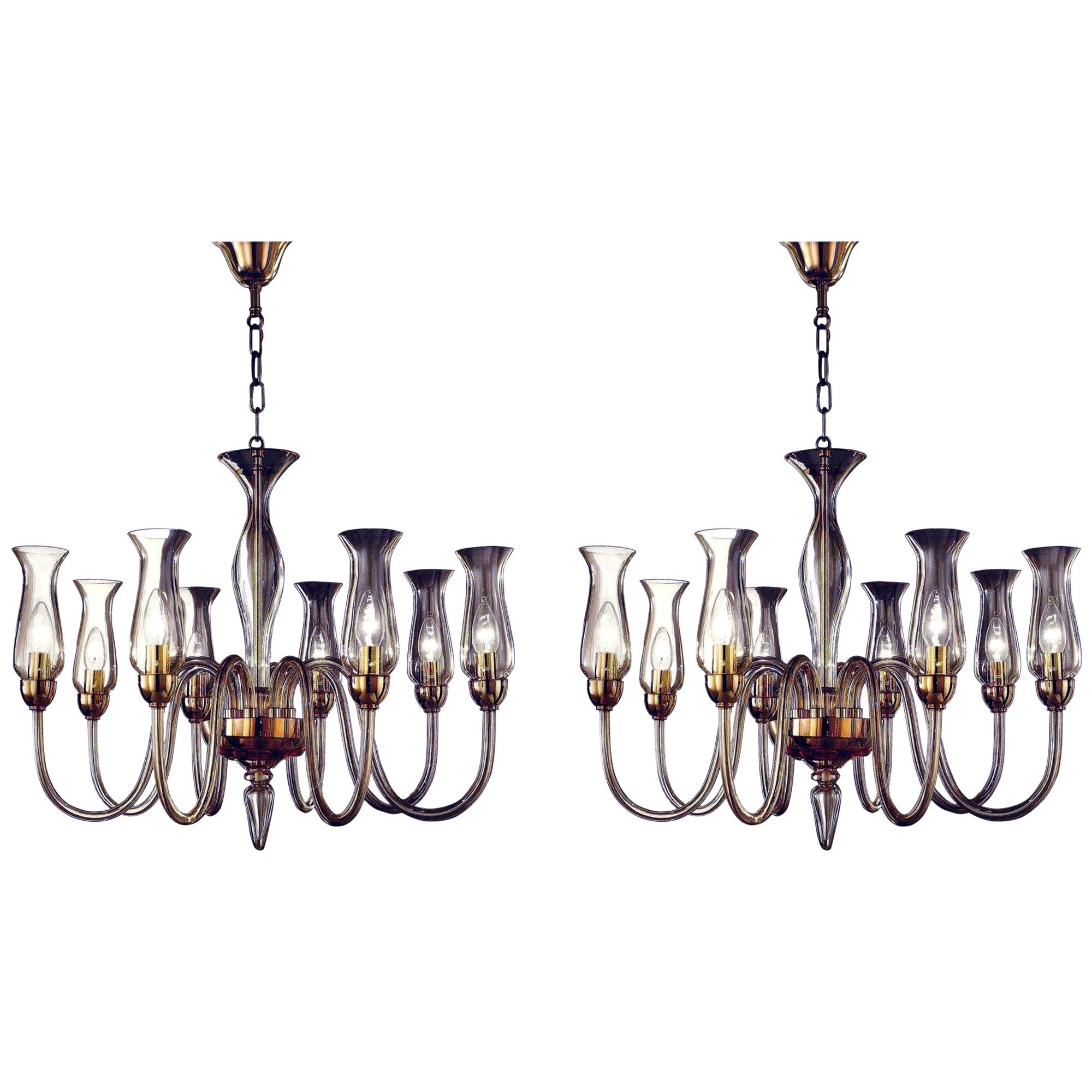 Two Italian Modern Neoclassical Amber Murano Glass Chandeliers with Glass Shades
