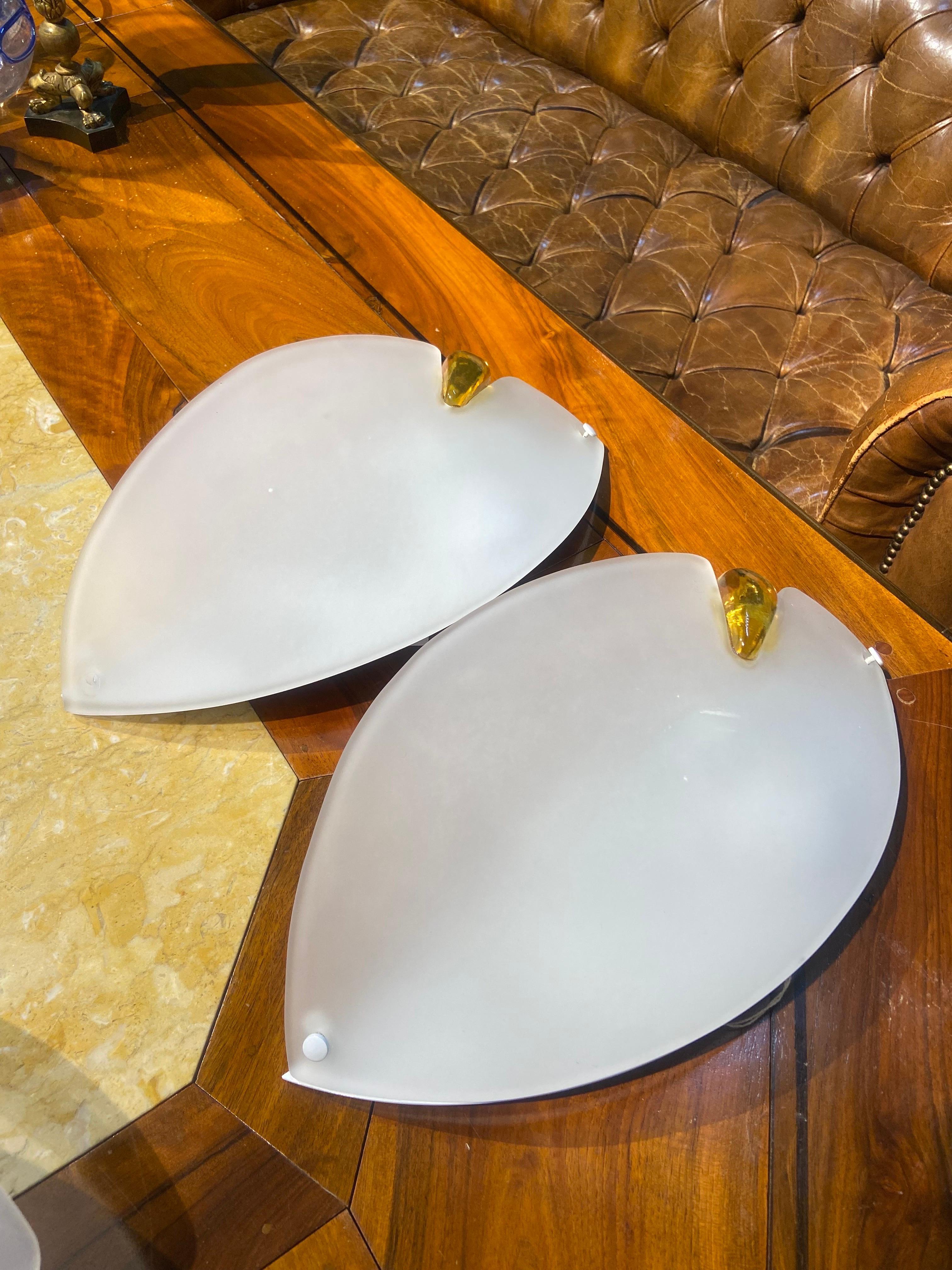 Hand-Crafted Two Italian Modern Wall Lights in Hand Crafted Satin Murano Glass by AV Mazzega For Sale
