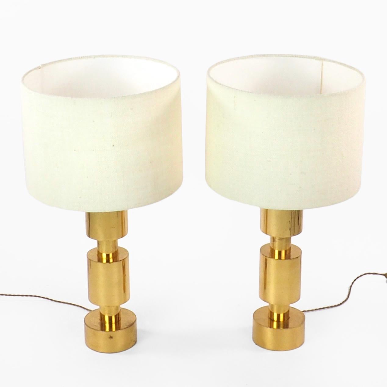 Mid-Century Modern Two Italian Modernist Gilt Cylindrical Metal Table Lamps