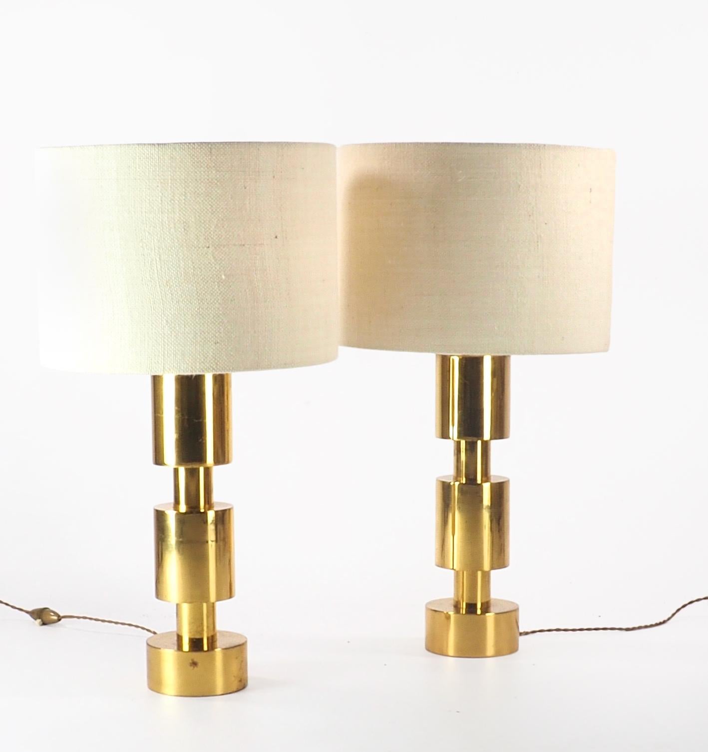 Late 20th Century Two Italian Modernist Gilt Cylindrical Metal Table Lamps