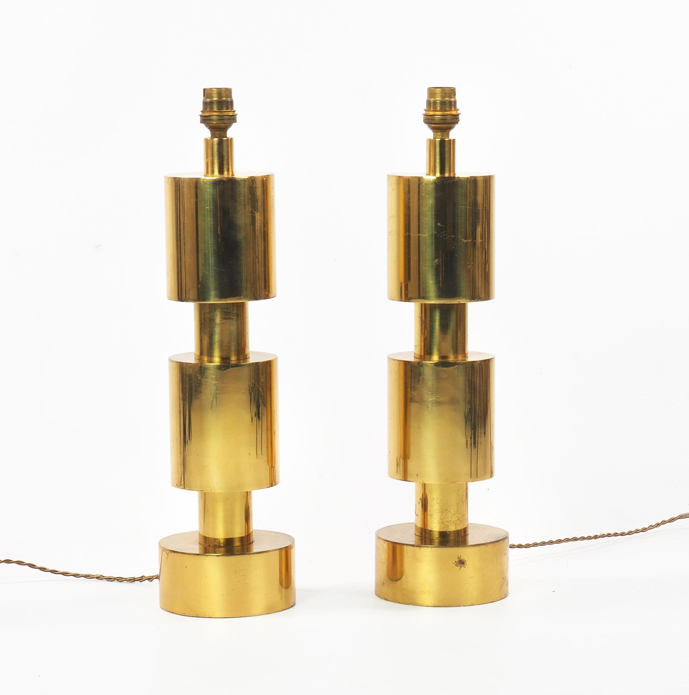 Two Italian Modernist Gilt Cylindrical Metal Table Lamps 2