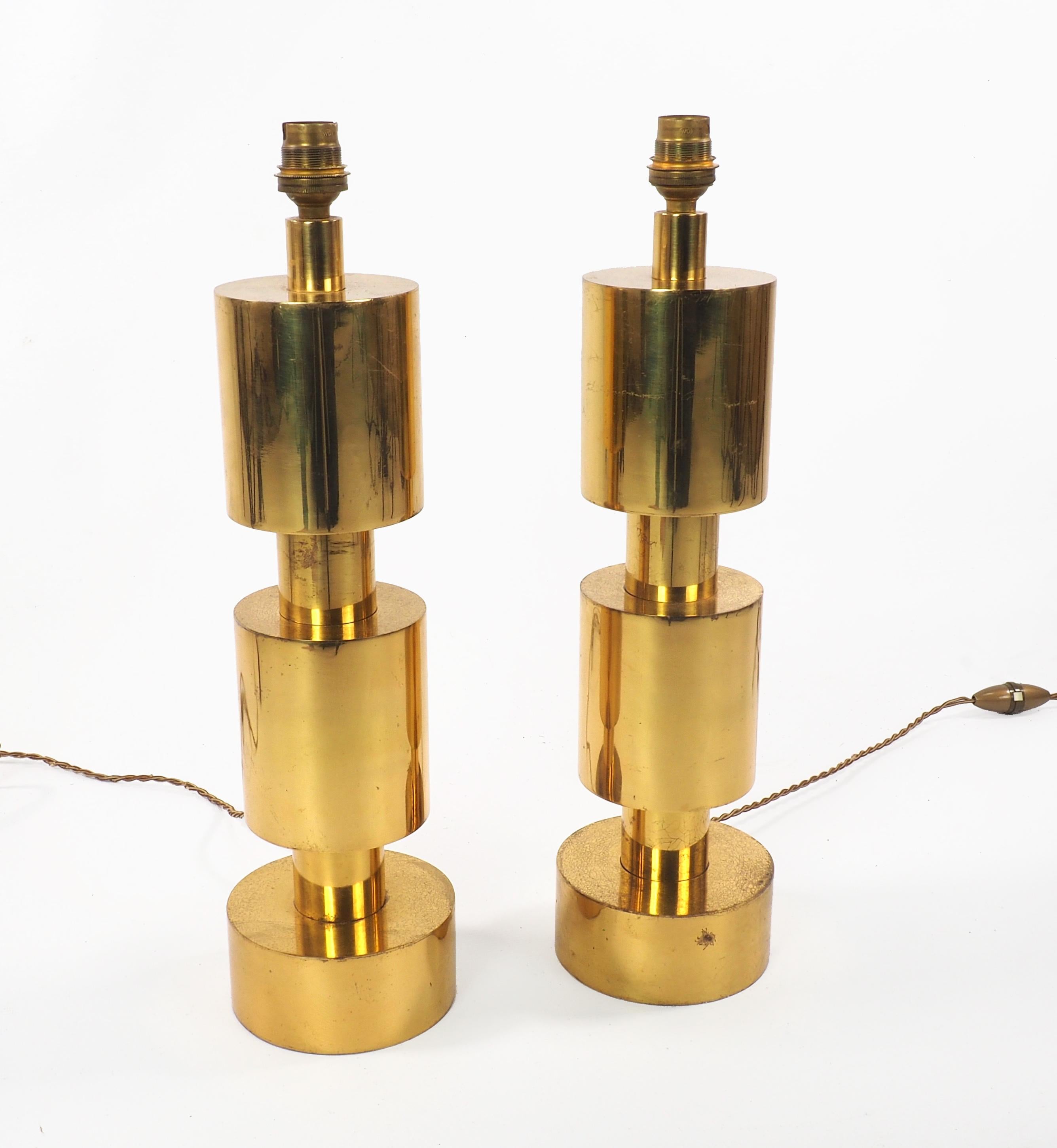 Two Italian Modernist Gilt Cylindrical Metal Table Lamps 4