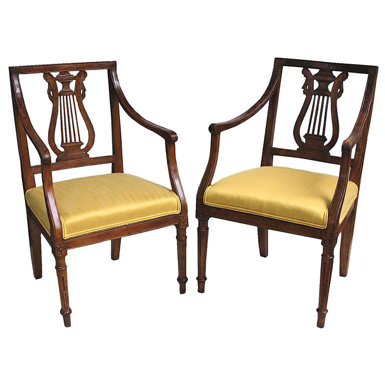 TWO Italian Neoclassical Lyre Back Piedmontese Armchairs For Sale