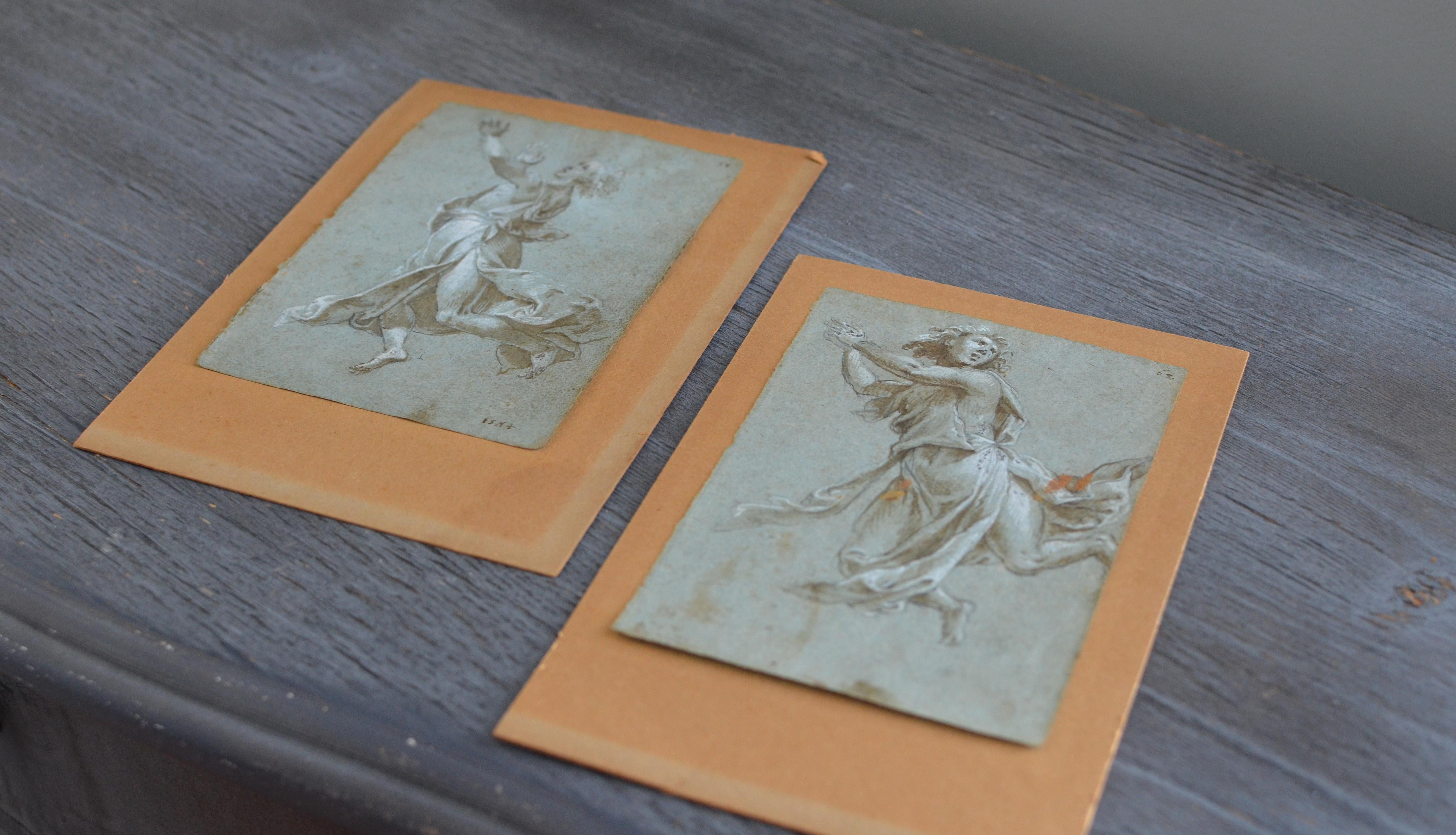 Hand-Painted Two Italian Renaissance Sketches of Angels in Adoration by Carlo Urbino