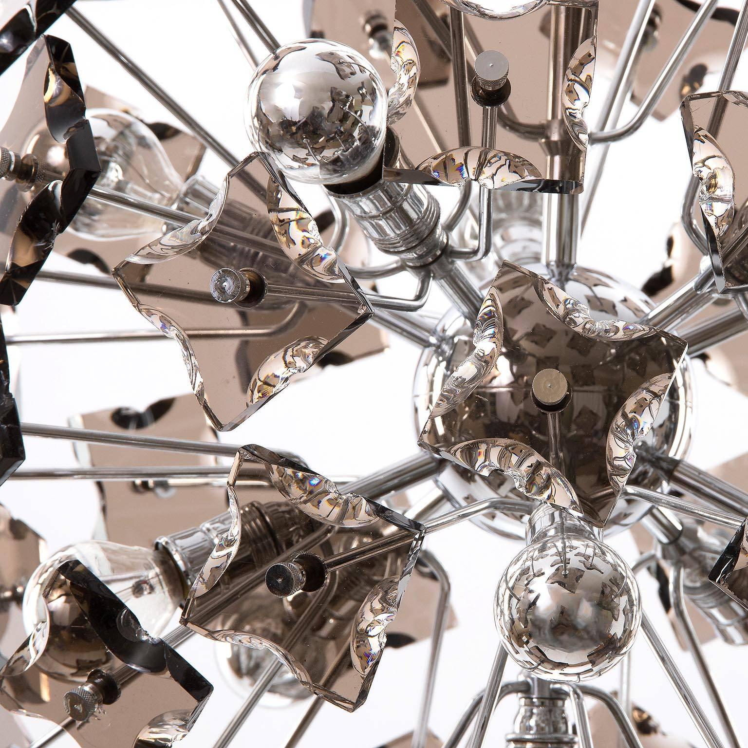 Mid-Century Modern Sputnik Pendant Light Chandelier, Chrome Smoked Glass, Italy, 1970s For Sale