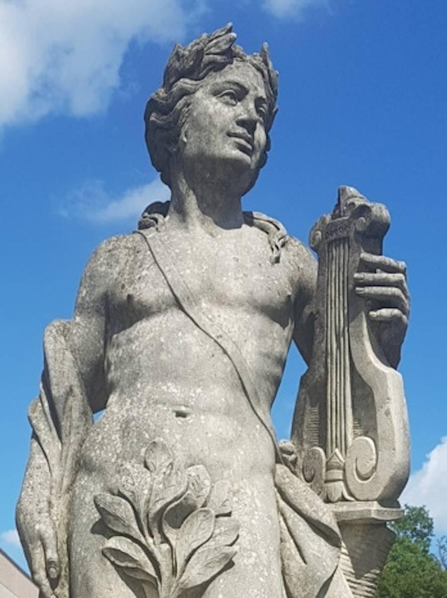 Neoclassical Two Italian Stone Garden Sculptures of Apollo and Roman Goddess For Sale