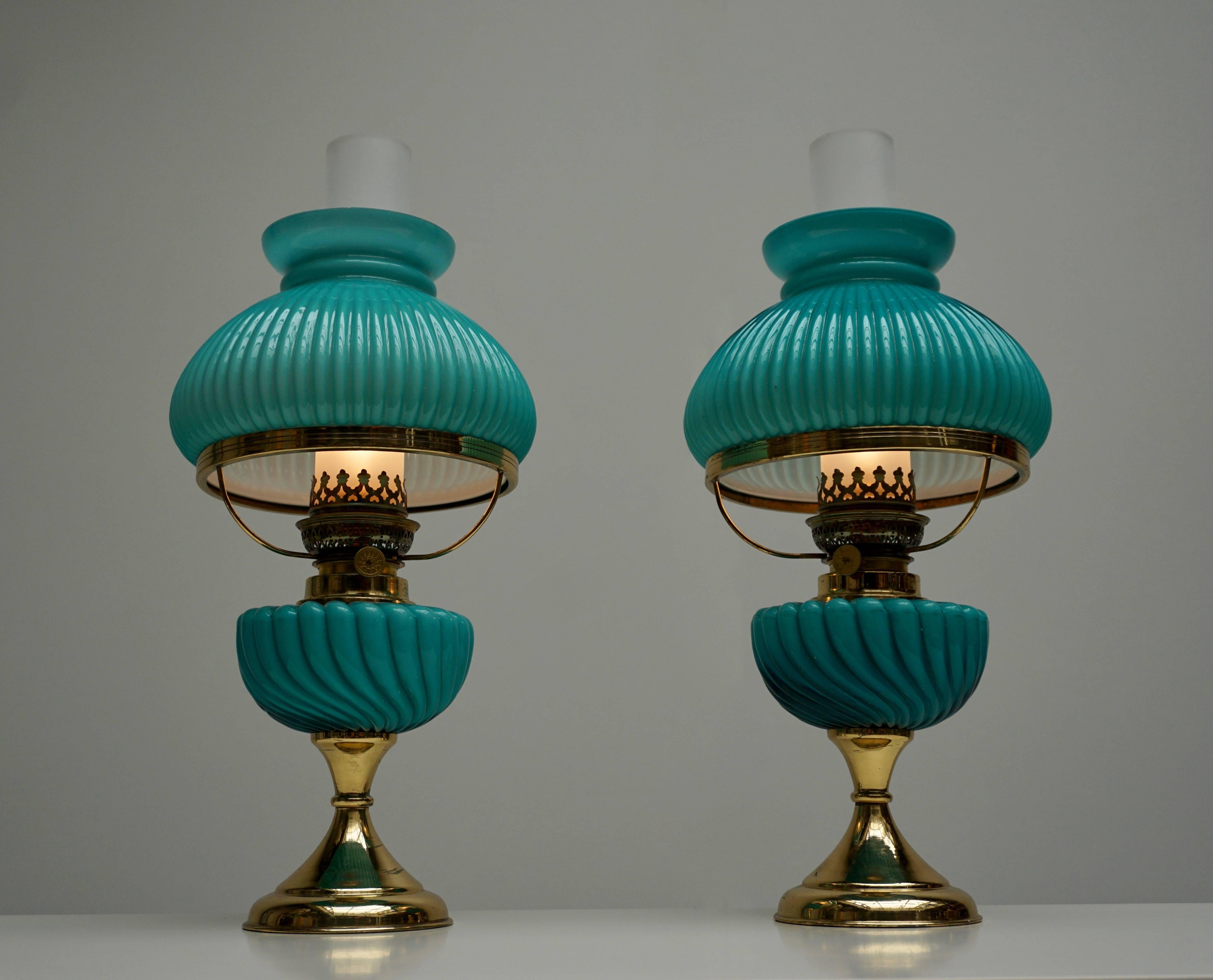 20th Century Two Italian Table Lamps in Glass and Brass For Sale