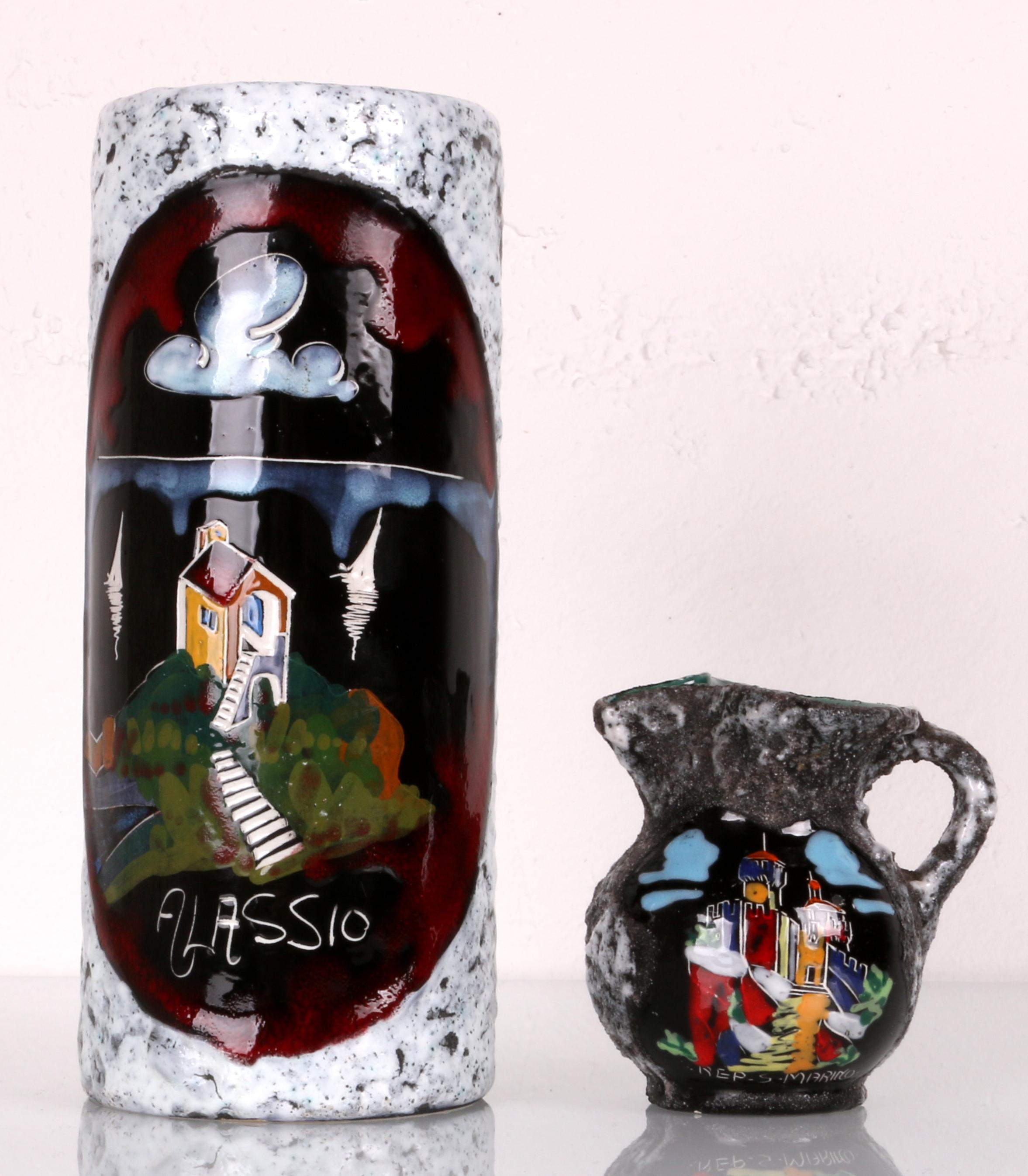 dos jarrones italianos esmalte de lava / pintura esmaltada motivo años 60 Alassio y San Marino en venta 7