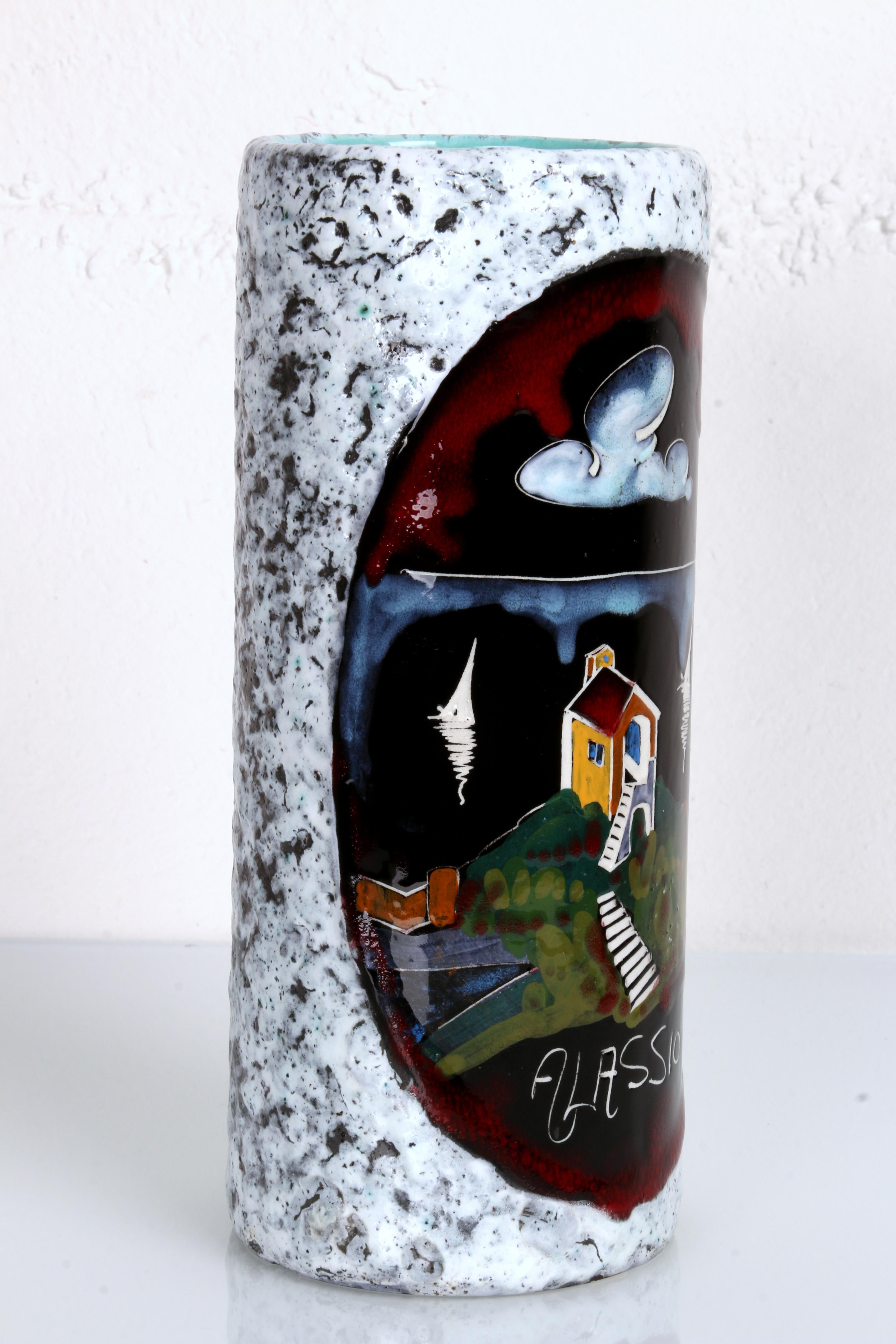 dos jarrones italianos esmalte de lava / pintura esmaltada motivo años 60 Alassio y San Marino mediados del siglo XX en venta