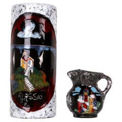 dos jarrones italianos esmalte de lava / pintura esmaltada motivo años 60 Alassio y San Marino