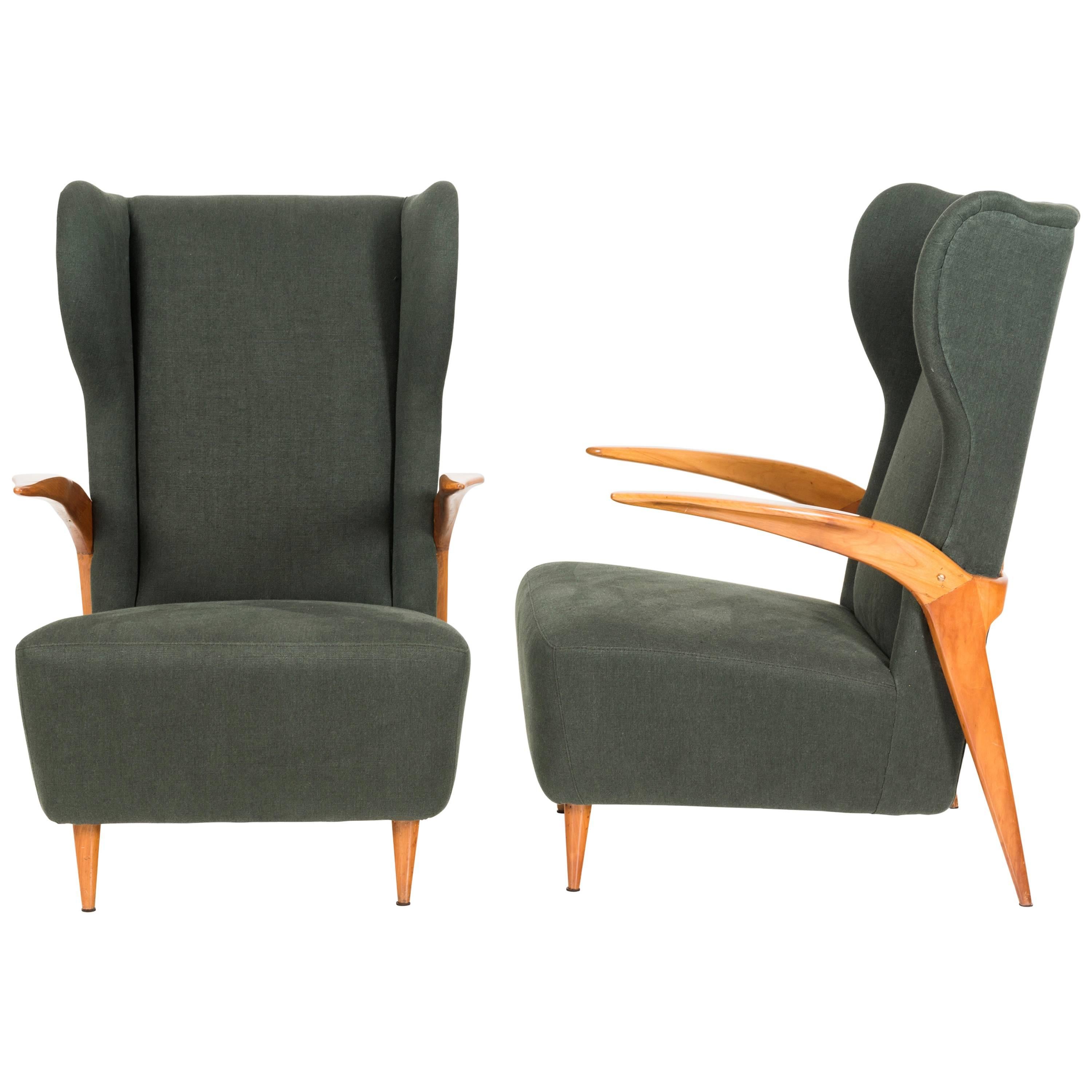Two Italian Vintage Armchairs Cherrywood Structure Attributed to Enrico Ciuti For Sale